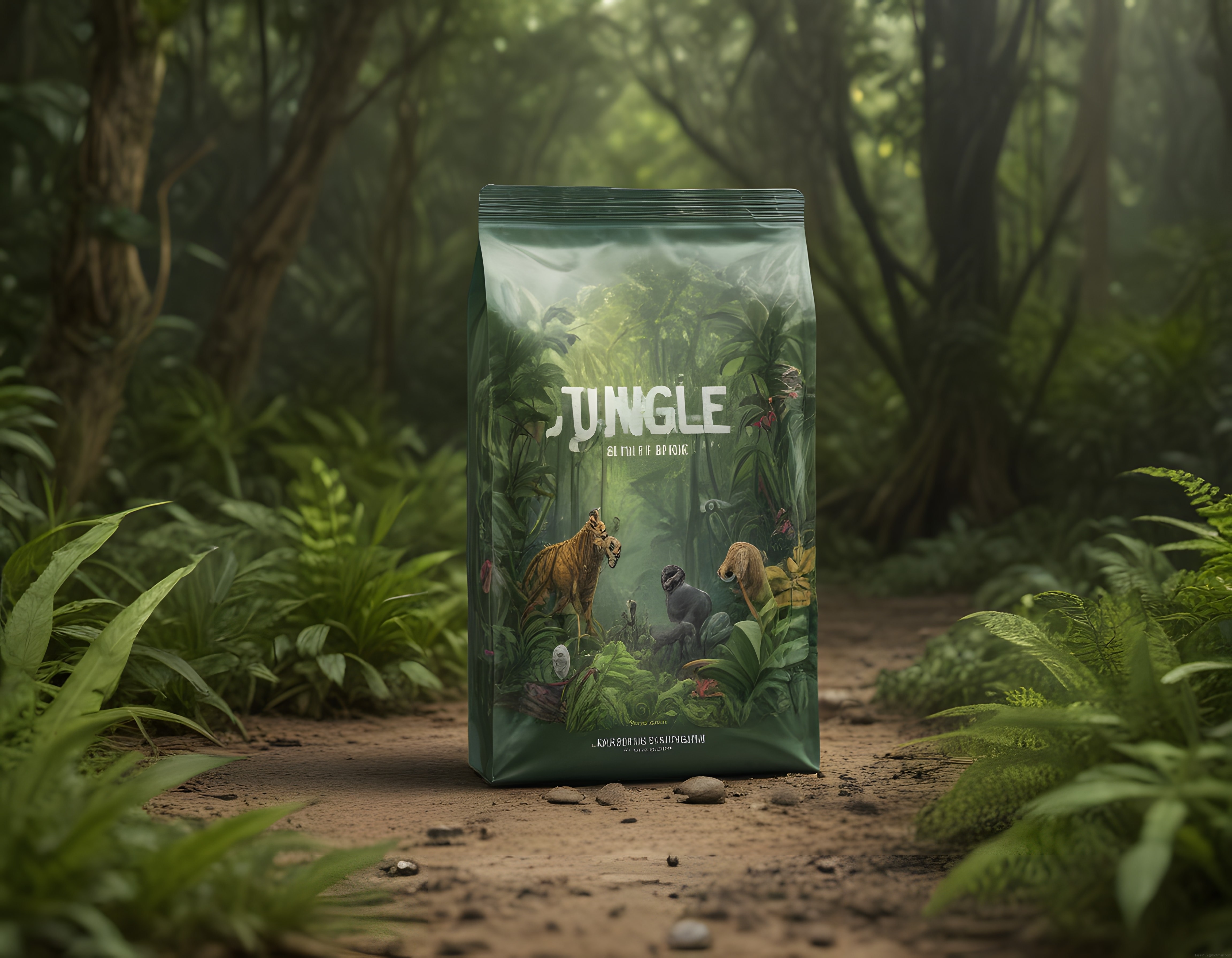 Jungle temalı ürün ambalajının yemyeşil orman içindeki tanıtım görseli