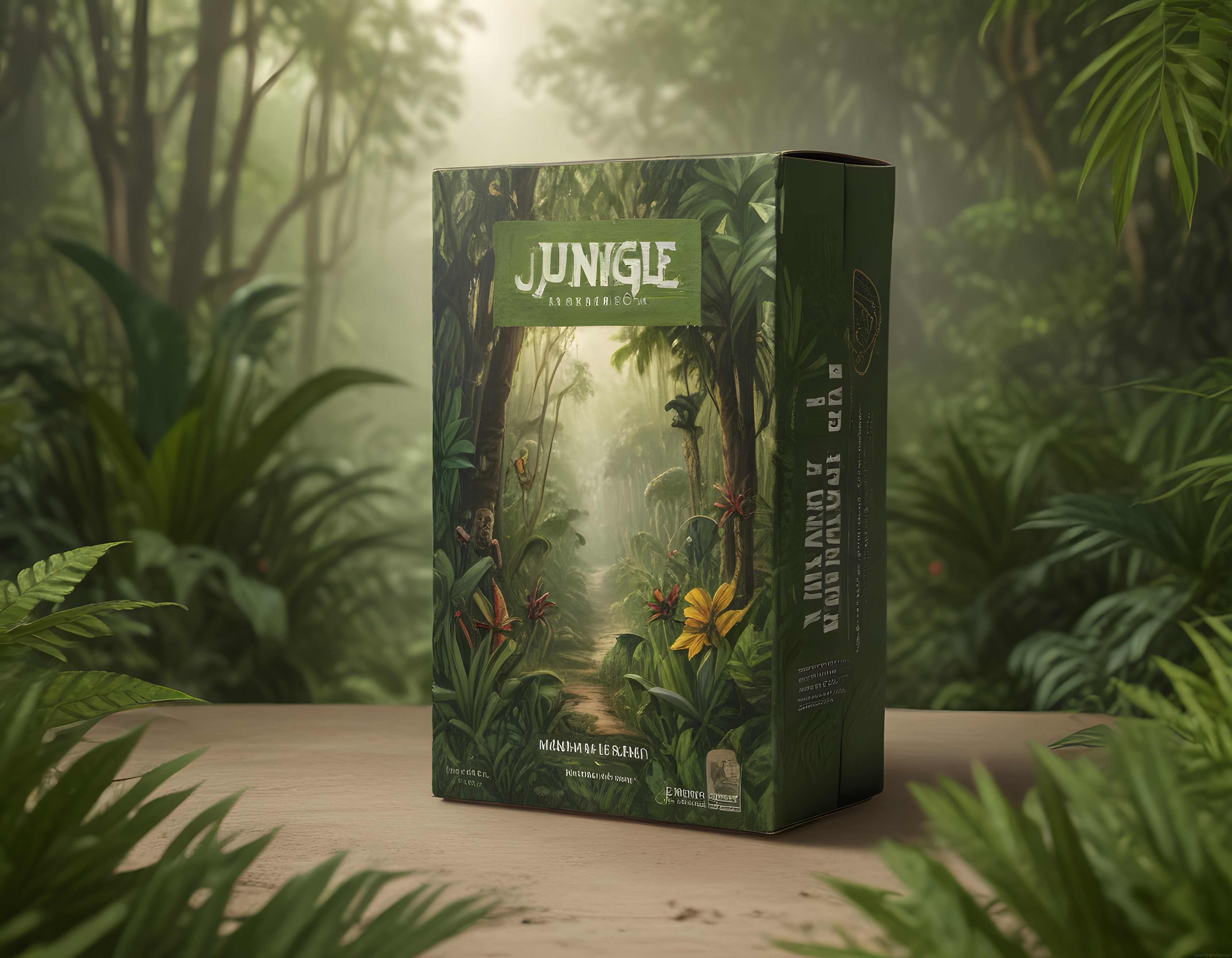Jungle Temalı Ürün Kutusu Sisli Yeşil Orman Ortamında Konsept Ürün Fotoğrafı Jungle Temalı Ürün Kutusu Sisli Yeşil Orman Ortamında Konsept Ürün Fotoğrafı