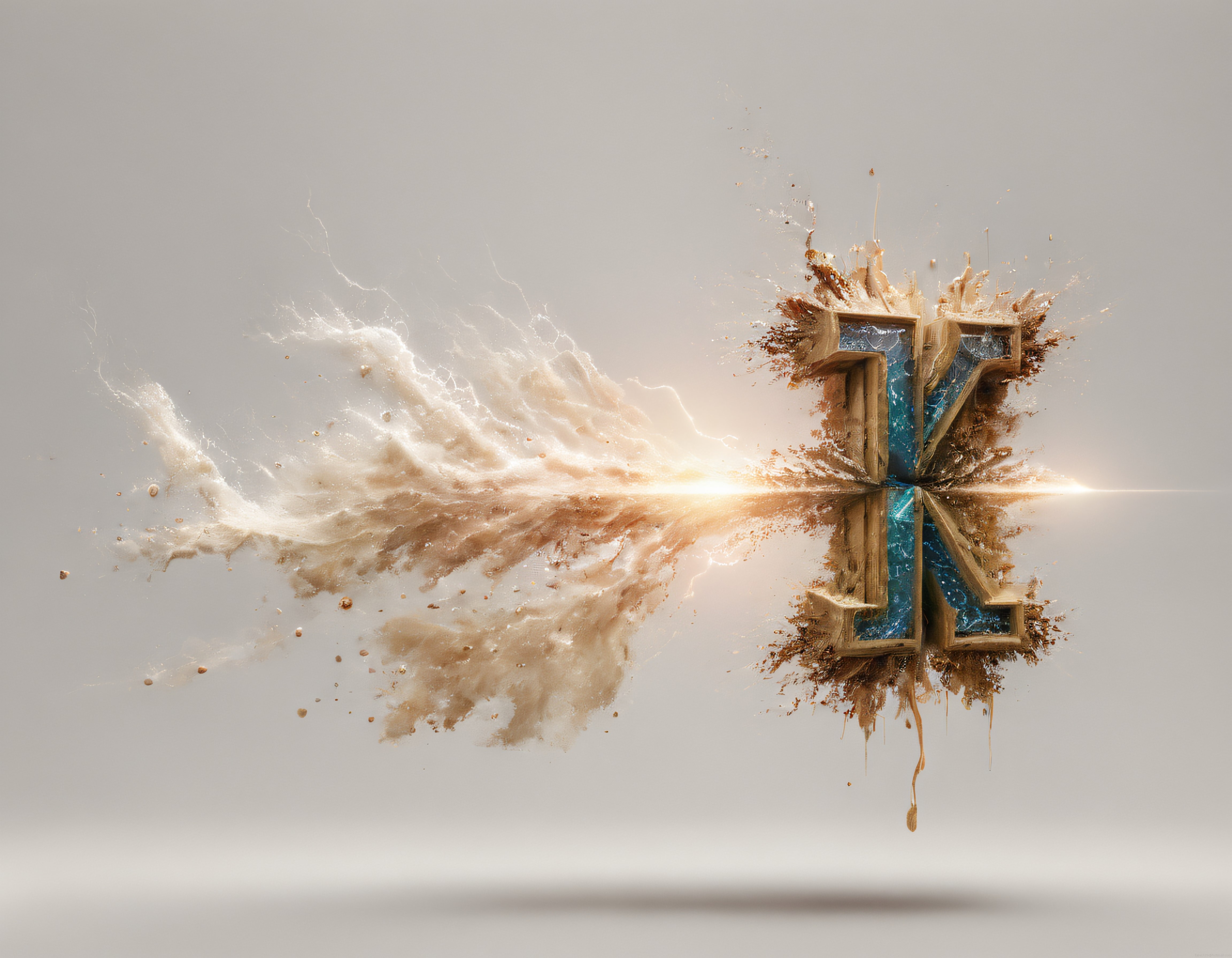 K Harfi 3D Tipografi: Kum ve Işık Efektli Parçalanma Dijital Sanat Tasarımı