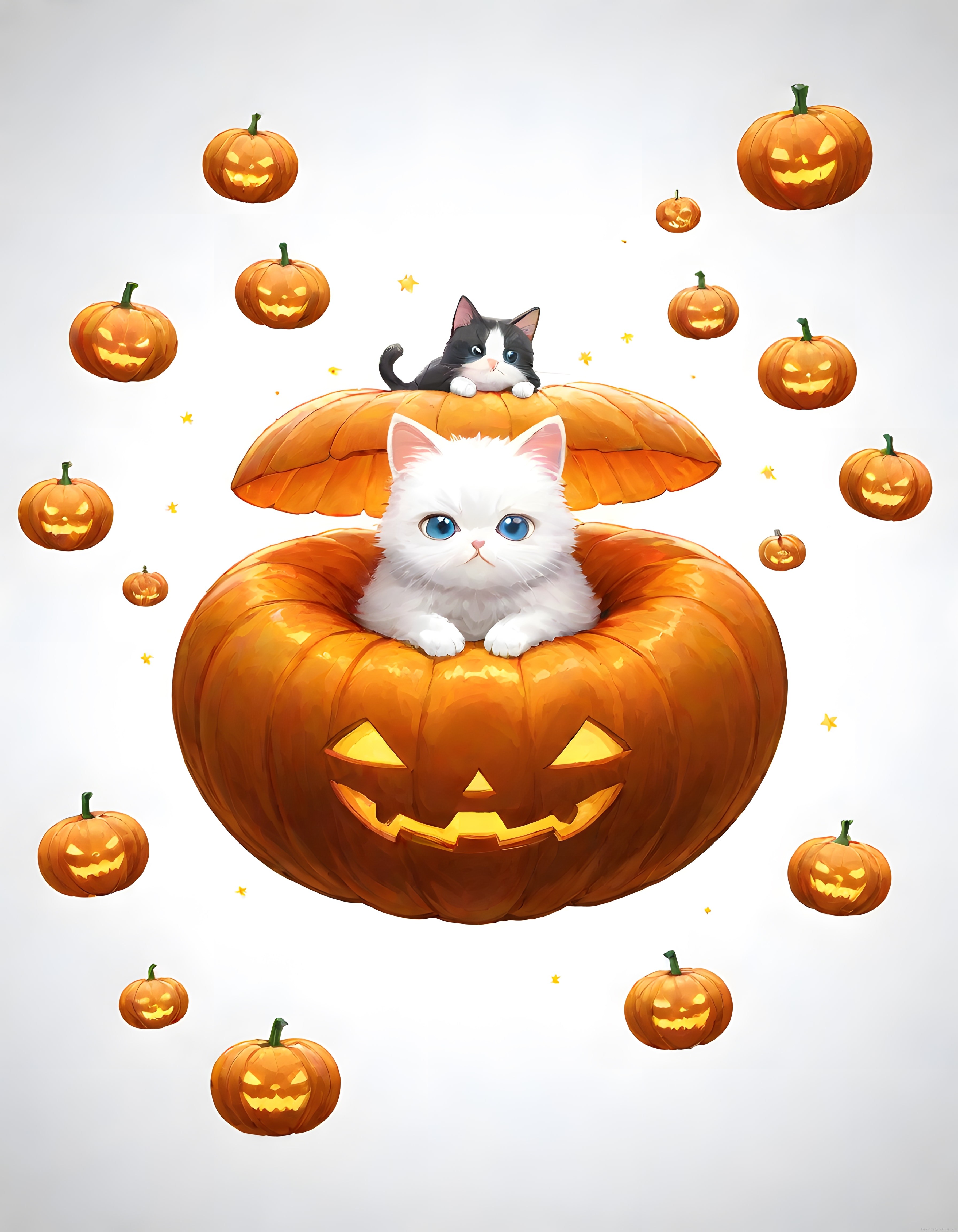 Kabaktaki Sevimli Kediler: Halloween Temalı Masalsı Dijital İllüstrasyon