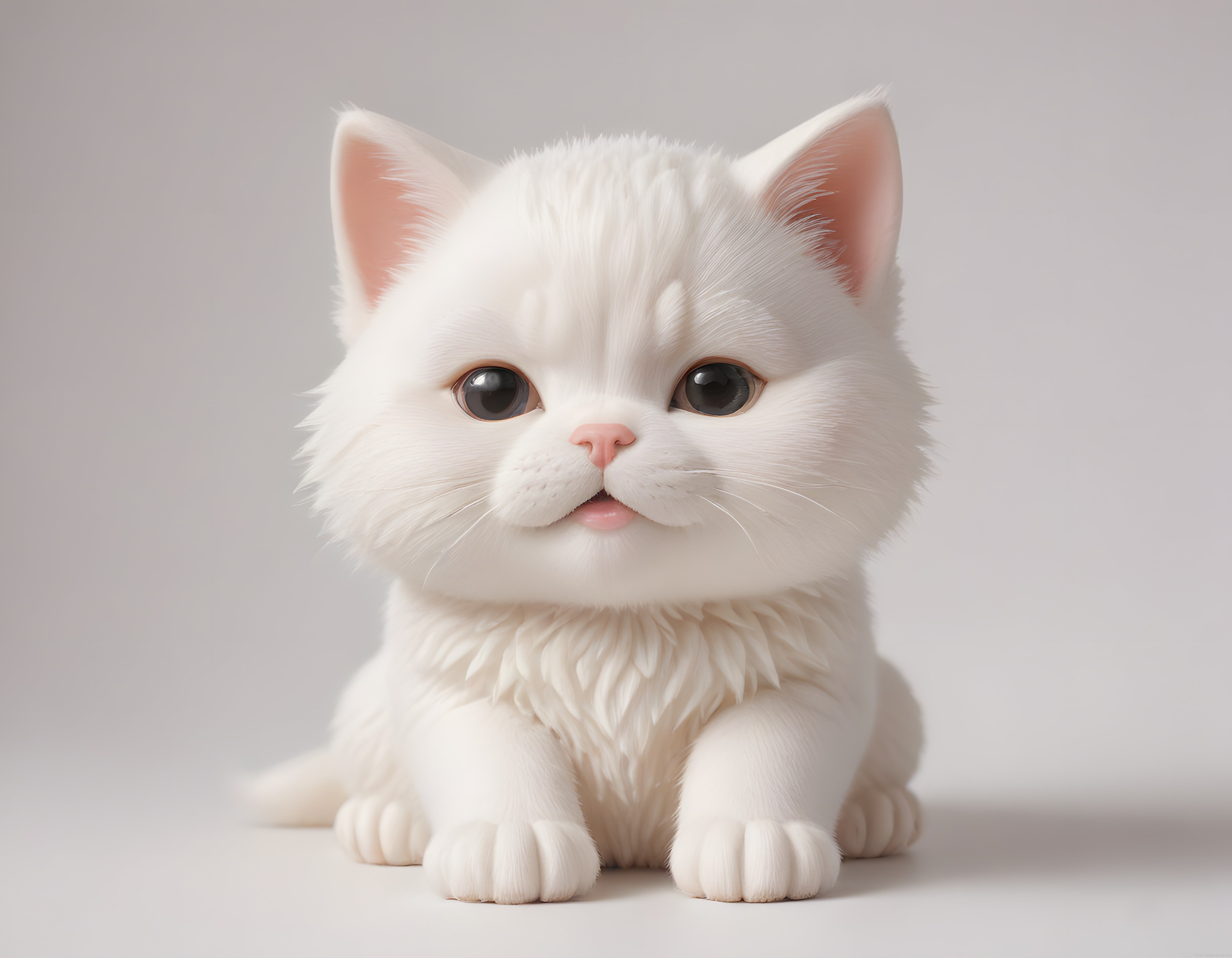 Kabarık Tüylü Beyaz Sevimli Kedi Yavrusu Dijital 3D Render Görseli