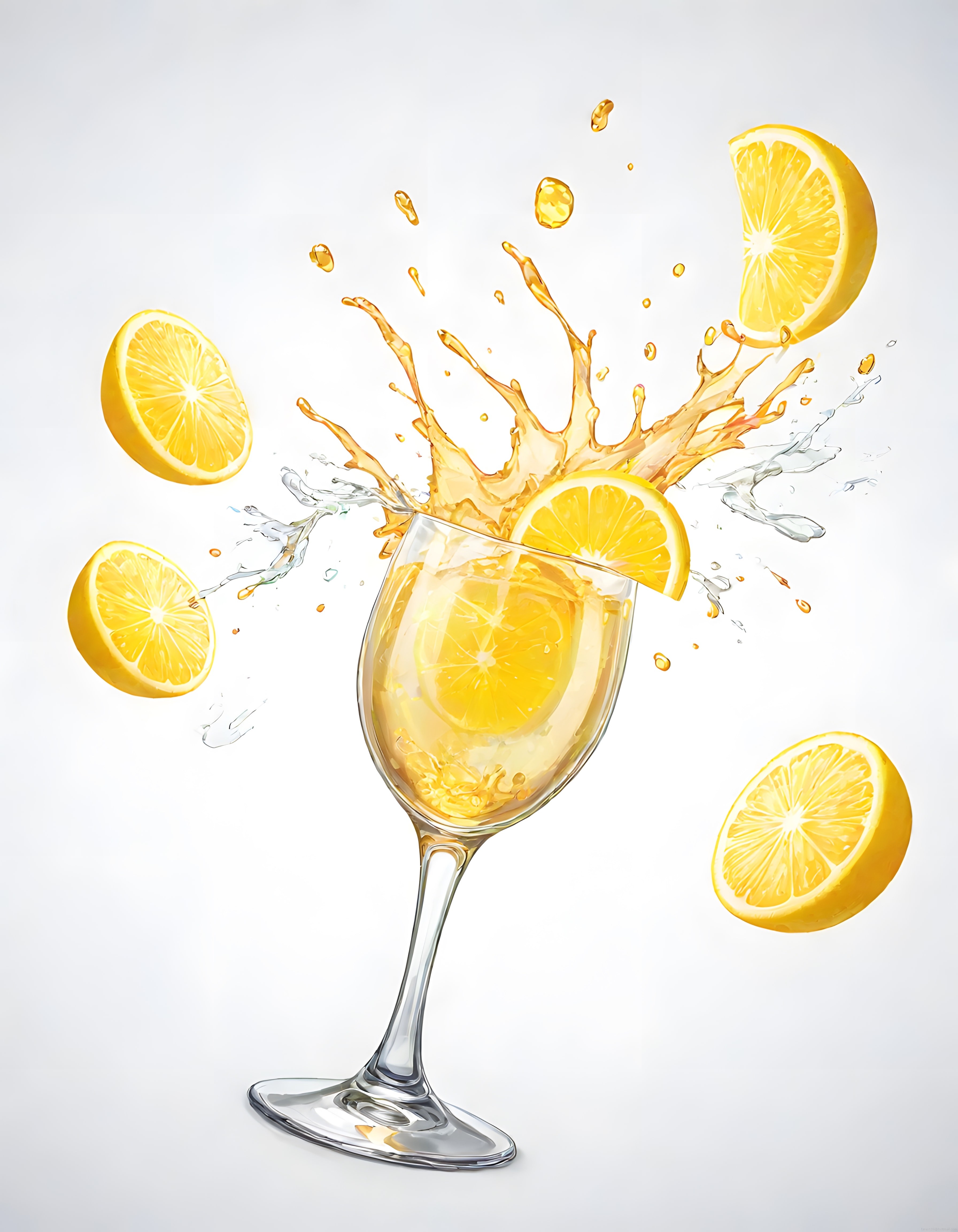 Kadeh İçinde Fıskıran Limonata ve Havada Uçuşan Taze Limon Dilimleri