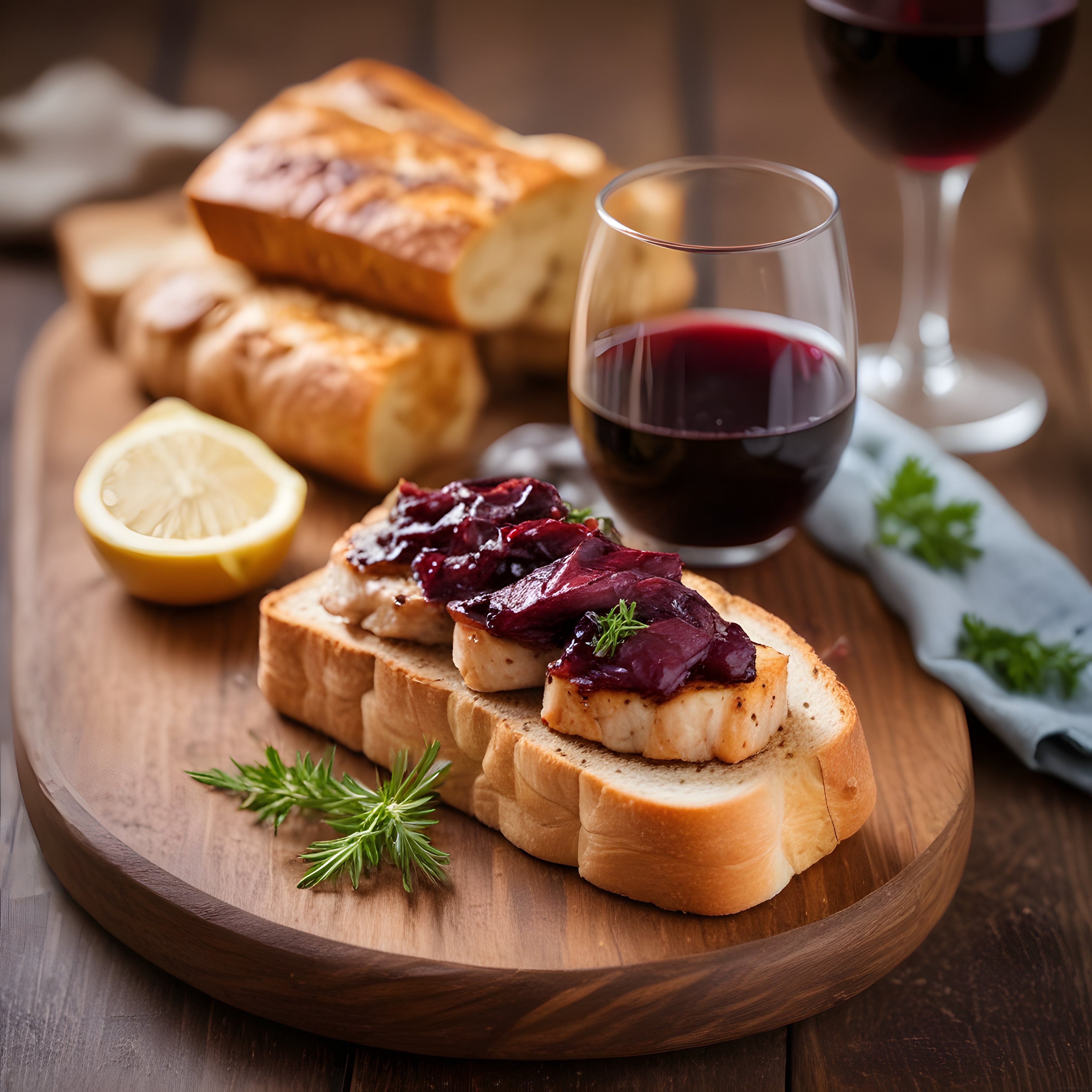 Kadeh Kırmızı Şarap ve Tavuklu Bruschetta ile Şık Akşam Yemeği Sunumu