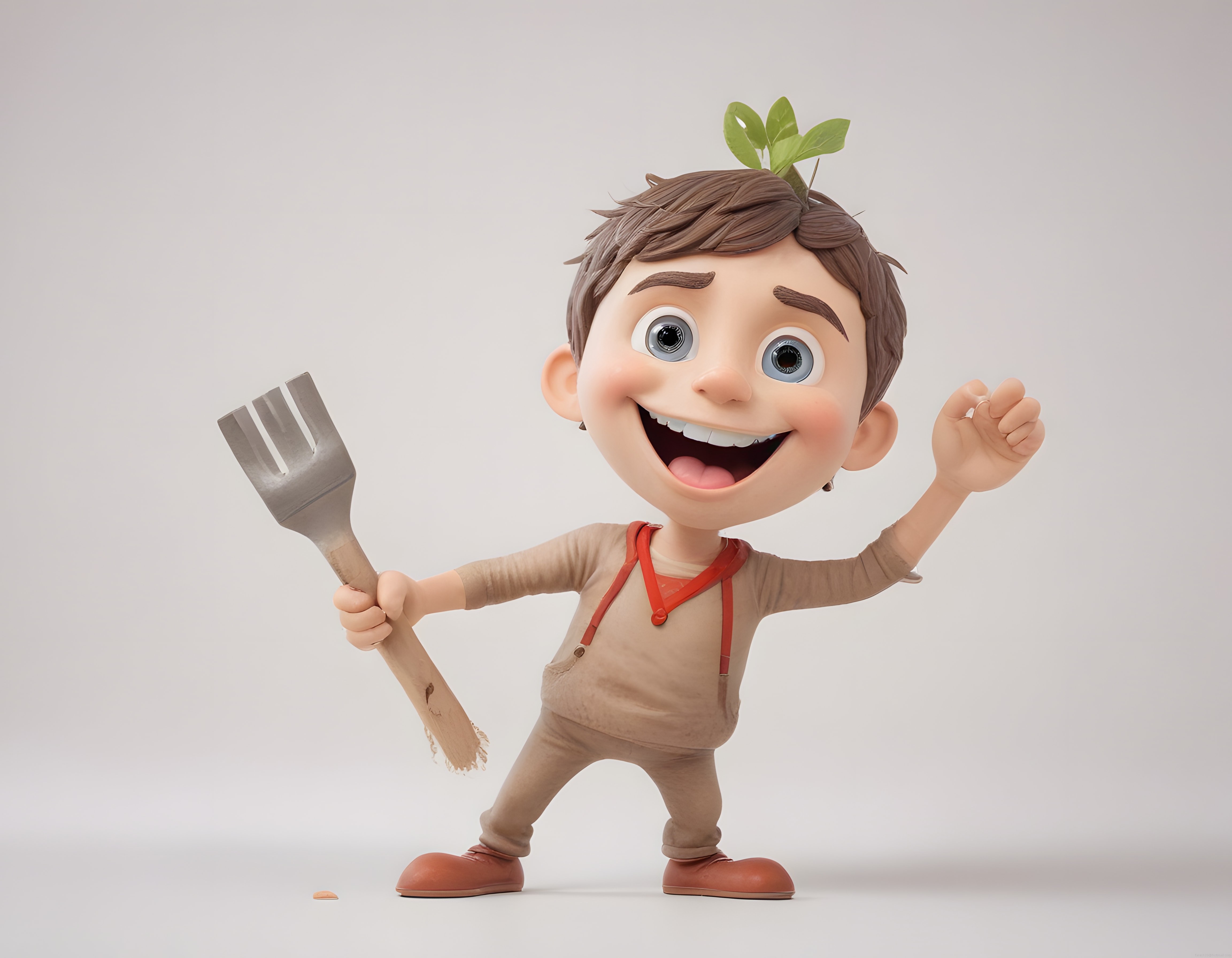 Kafasında fideyle spatula tutan neşeli 3D animasyon çocuk karakteri