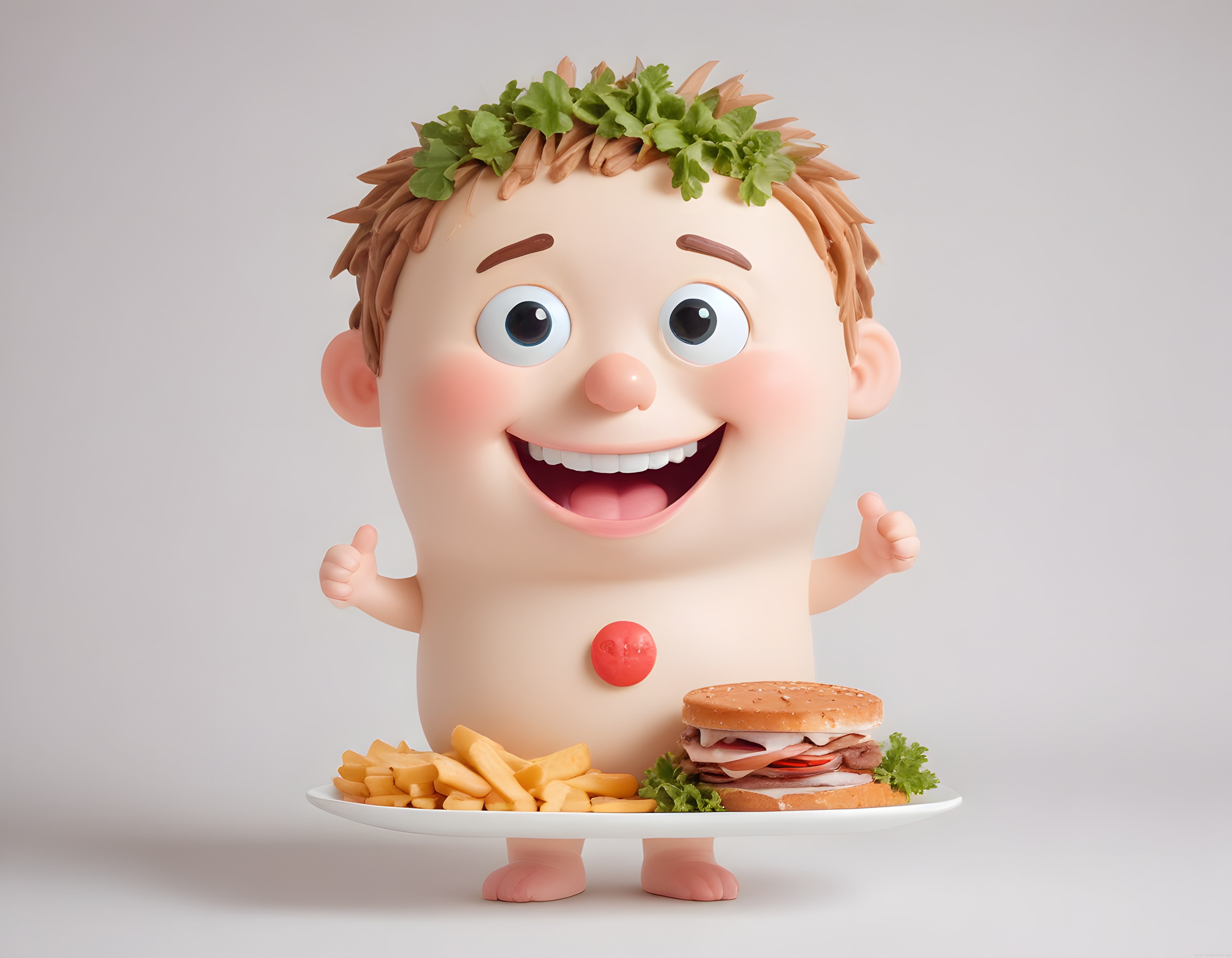 Kafasında Marul ile Süslenmiş 3D Karakter Hamburger Tabağıyla Gülümsüyor