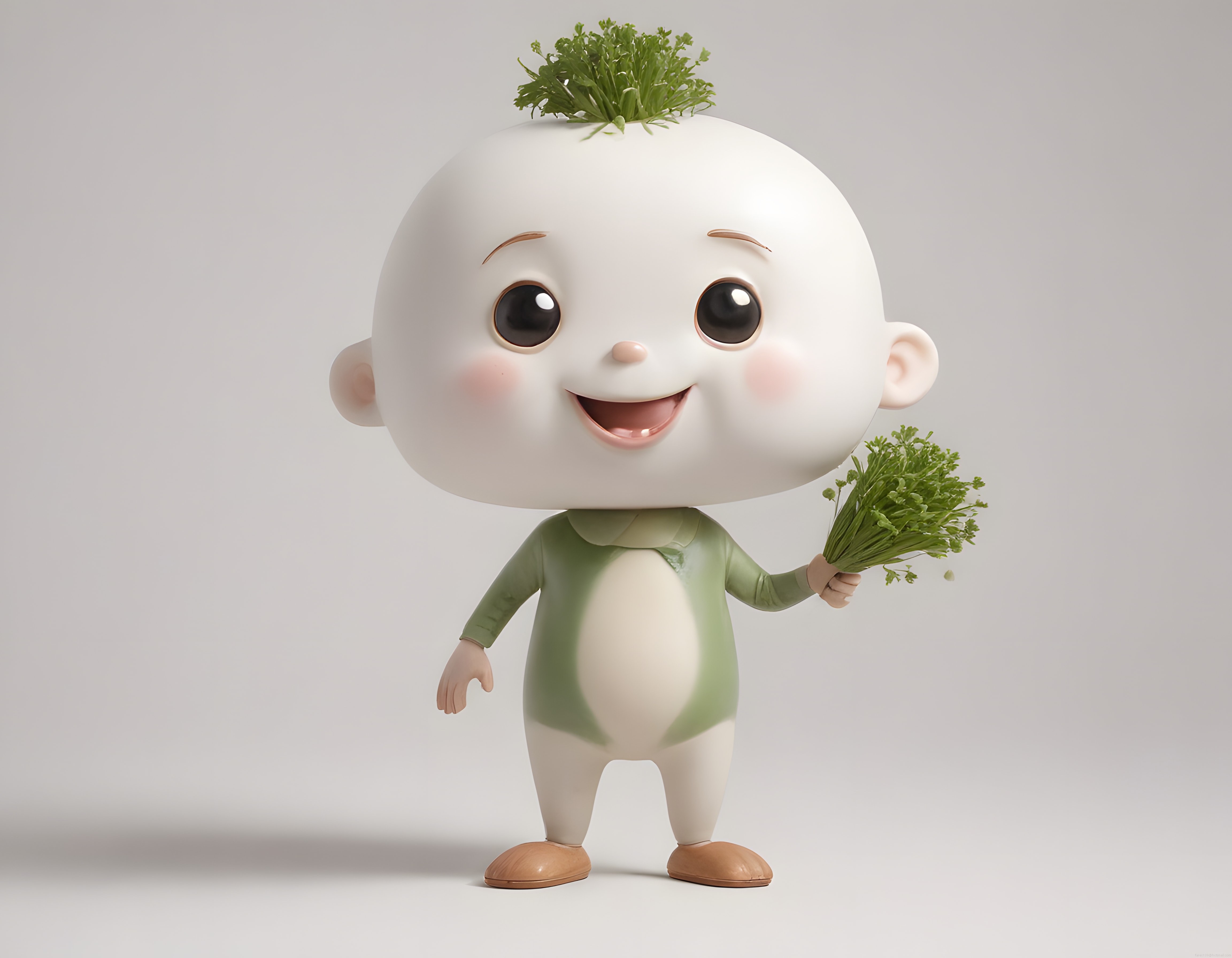 Kafasında Yeşil Bitki Tutan Sevimli 3D Animasyon Bebek Karakteri