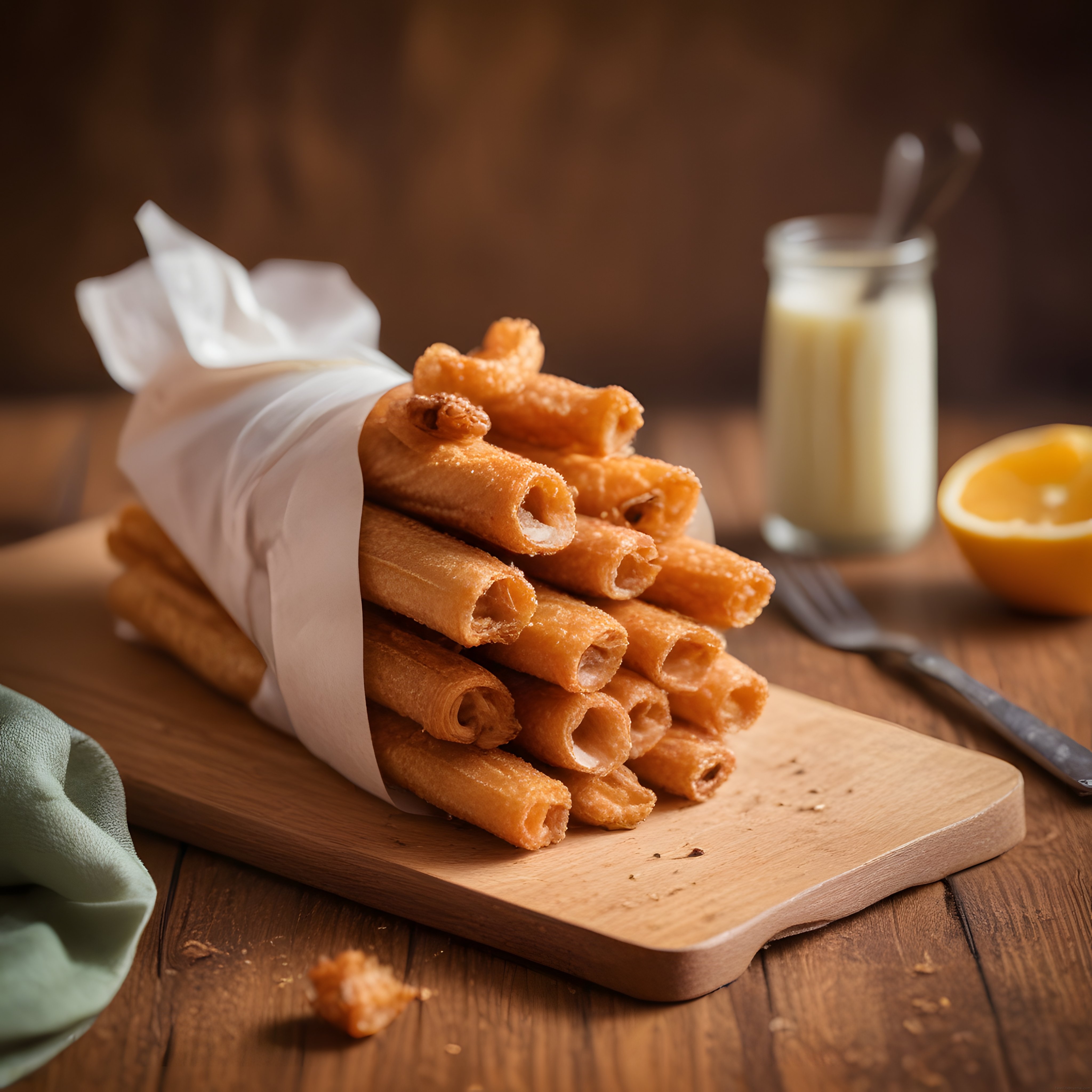 Kağıda Sarılı Çıtır Börek Ruloları, Süt ve Portakal ile Rustic Sunum