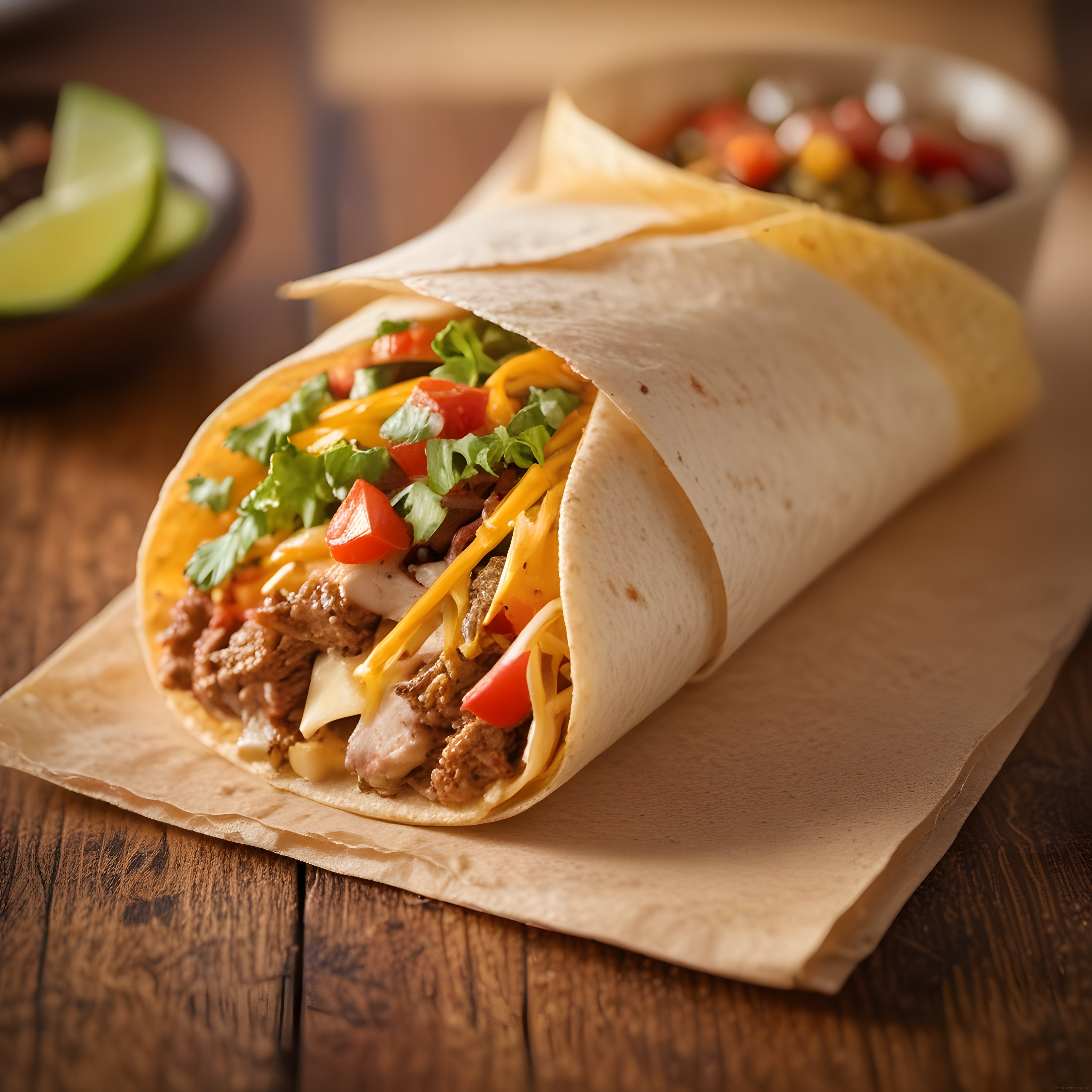 Kağıda Sarılmış Bol Malzemeli Etli Burrito: Taze Sebzeler ve Salsa Eşliğinde