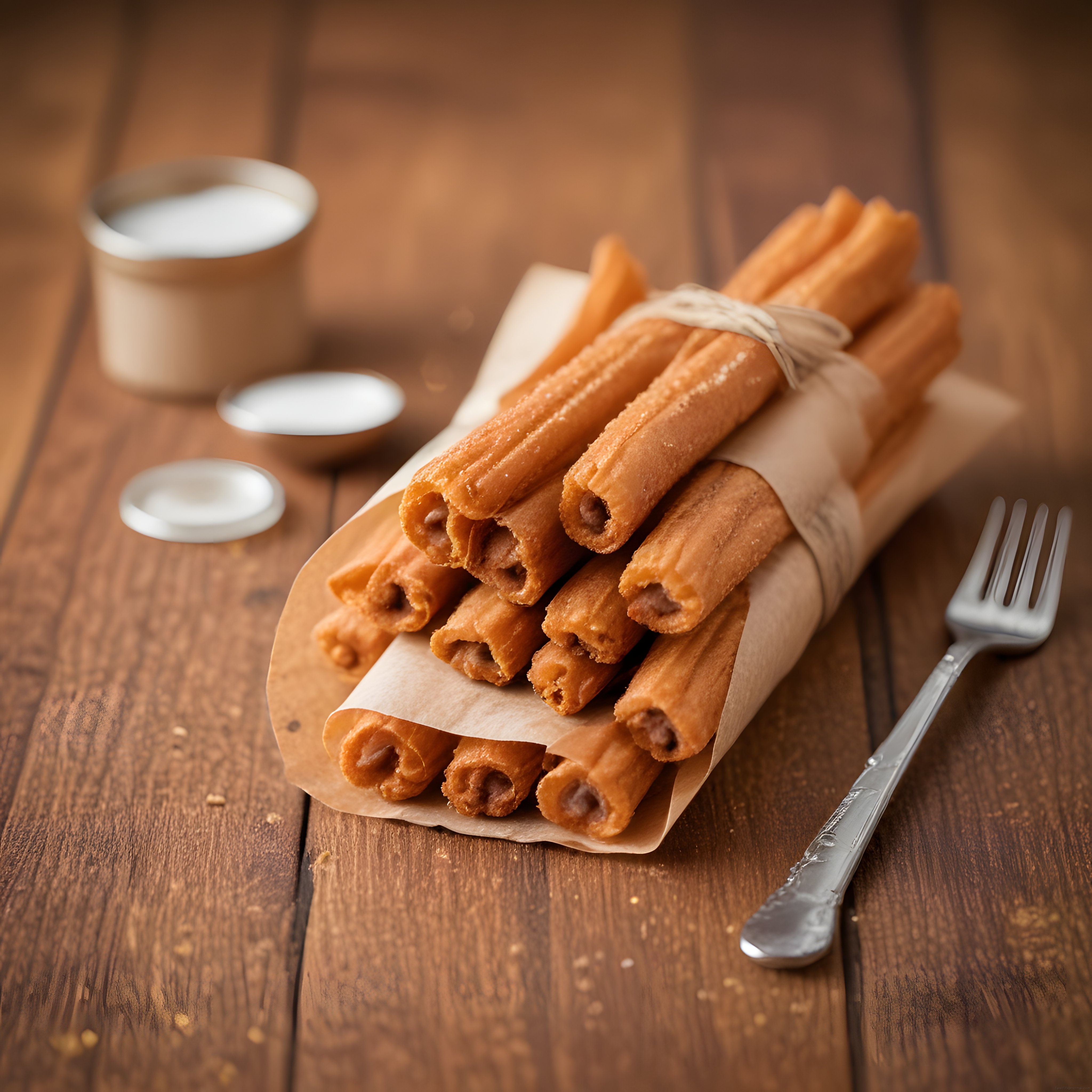 Kağıda Sarılmış Çikolata Dolgulu Churros ve Sütlü Sos Ahşap Masa Üzerinde
