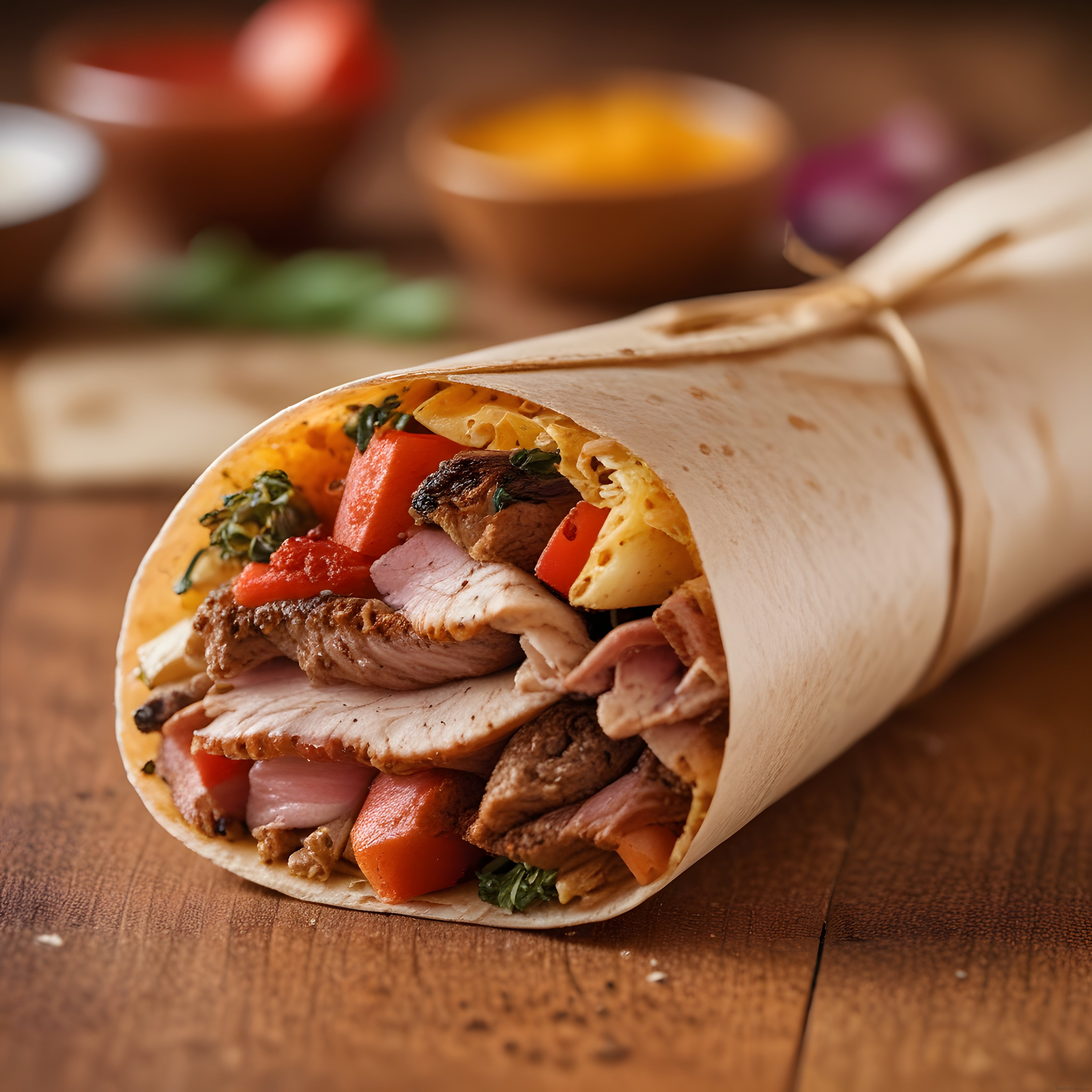 Kağıda sarılmış yumurtalı etli sebzeli kahvaltı dürümü ahşap tezgahta