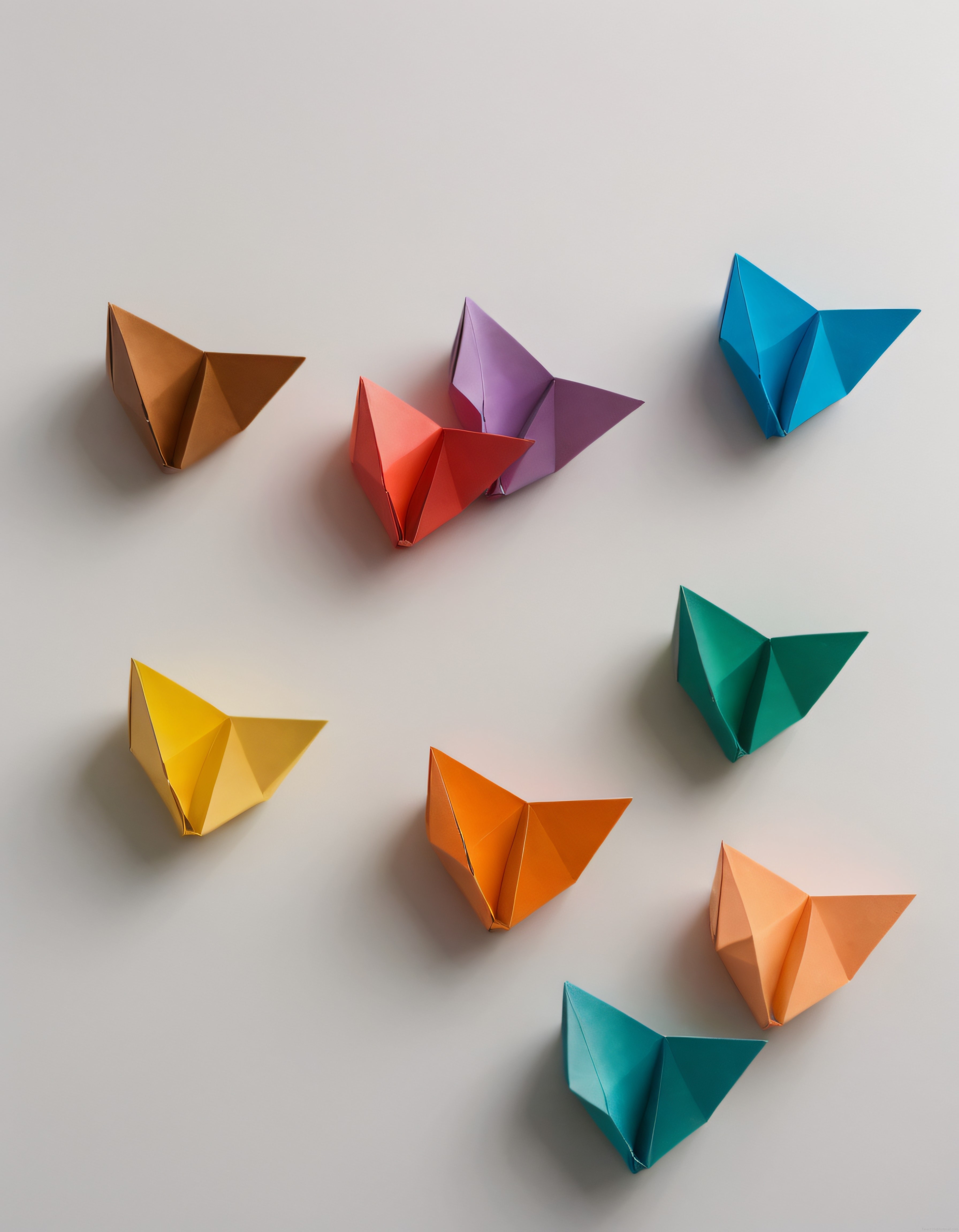 Kağıt Katlama Sanatının Zarafeti: Gri Arka Planda Sekiz Renkli Origami Figürü