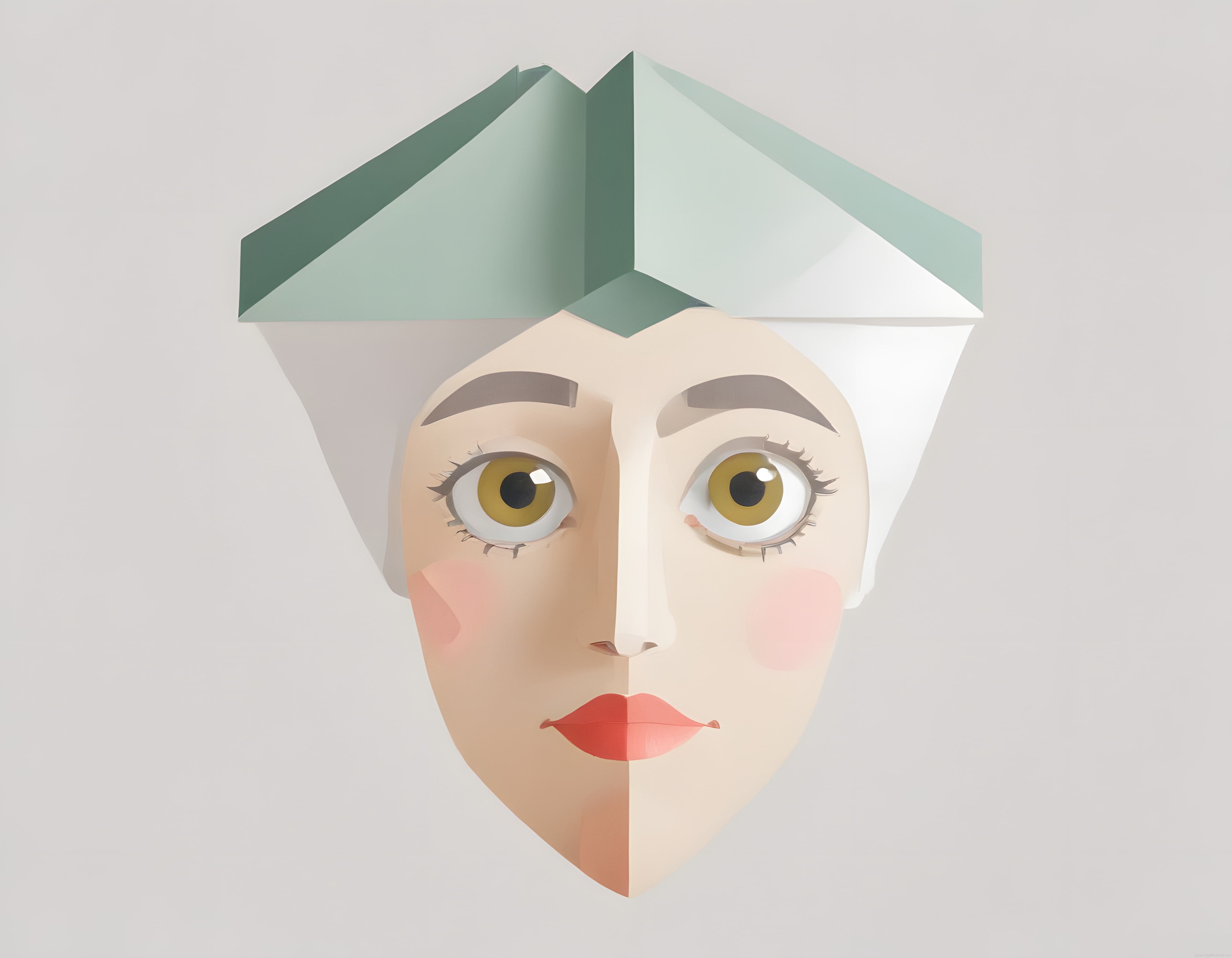 Kağıt katlama sanatıyla yapılmış geometrik kadın portresi ve yeşil tonlu şapka
