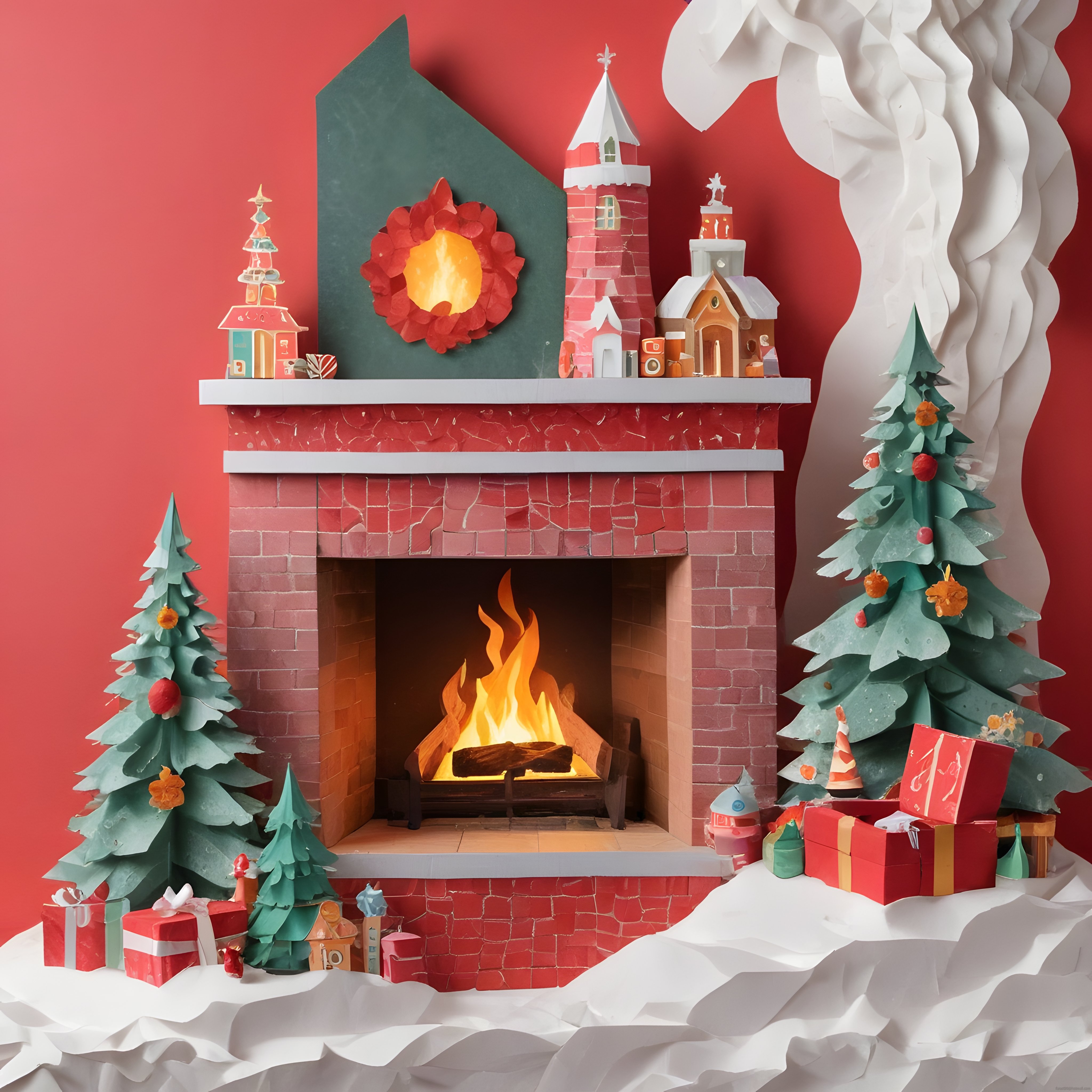 Kağıt Katlama Stili Şömine ve Noel Ağaçlarıyla Sıcacık Yılbaşı Sahnesi