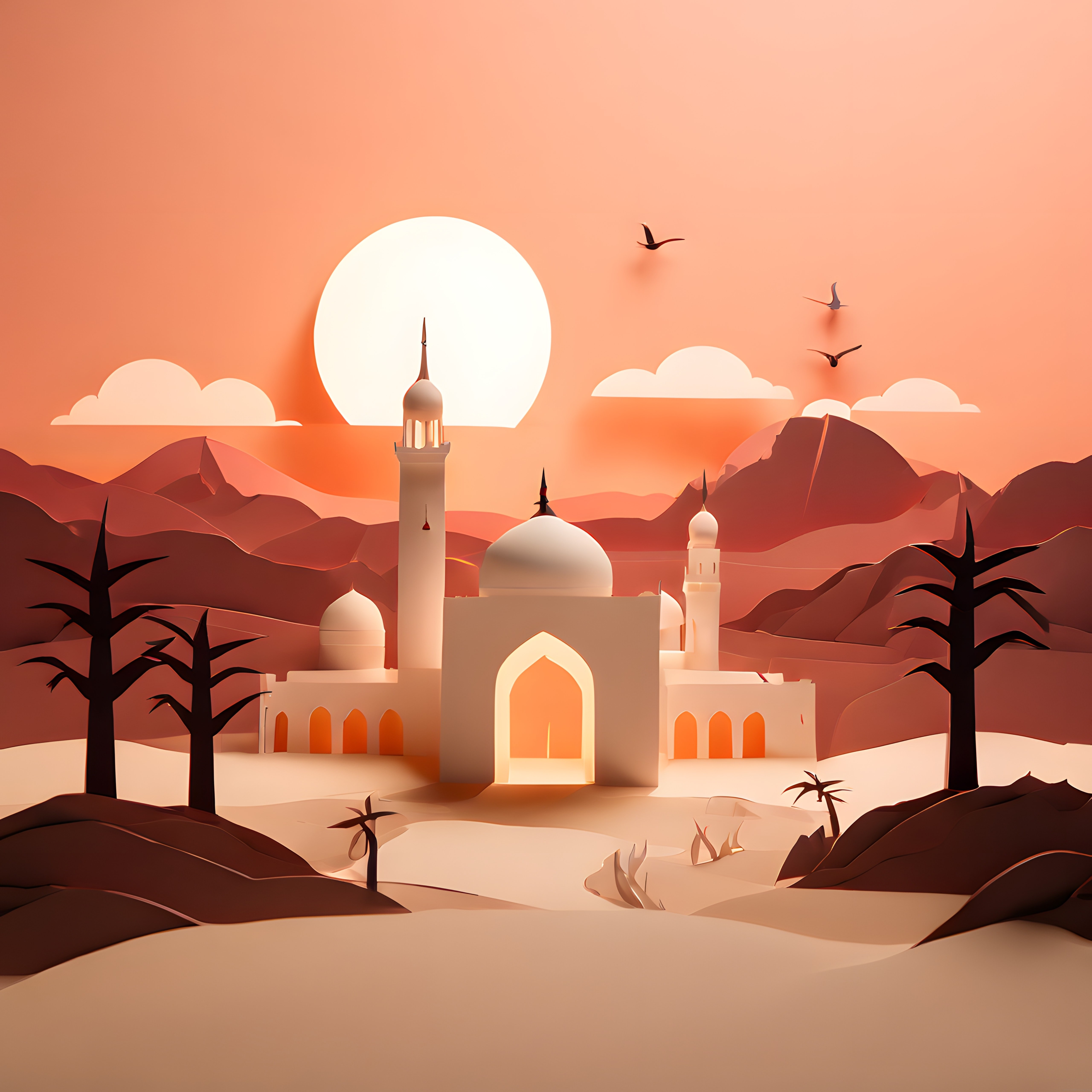 Kağıt katlama tekniğiyle işlenmiş gün batımındaki çöl camii manzarası