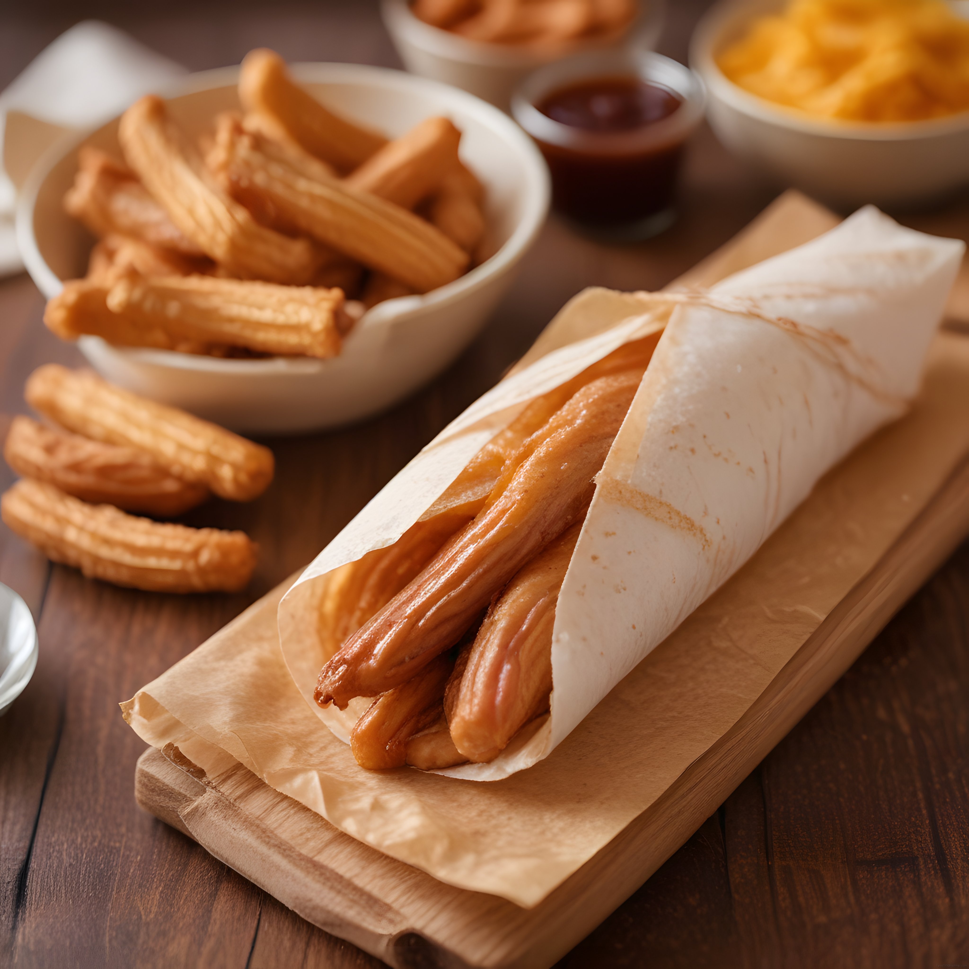 Kağıt Külah ve Kaselerde Çıtır Churros Tatlısı, Çikolata ve Karamel Soslu Sunum