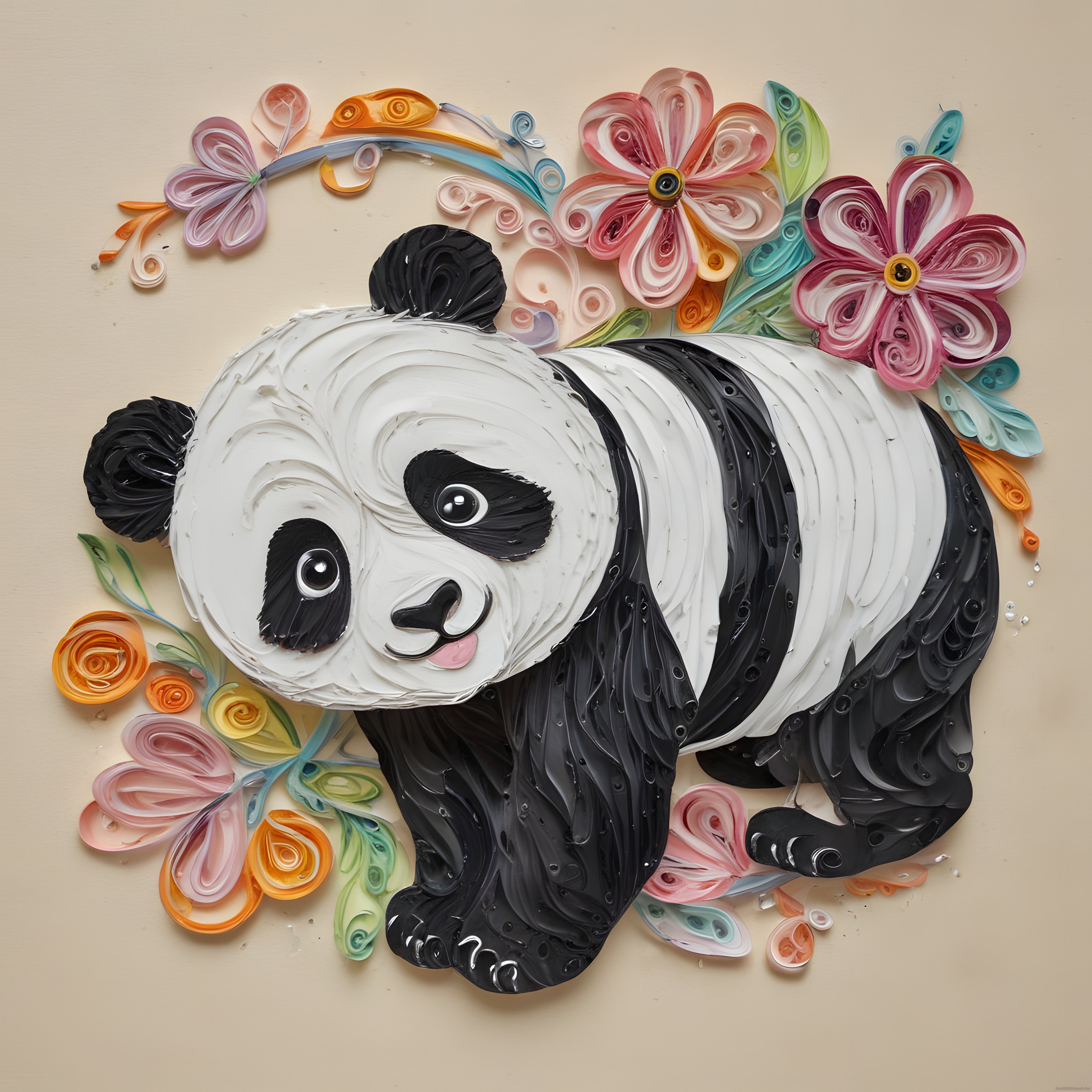 Kağıt Quilling Sanatı İle Yapılmış Sevimli Panda ve Rengarenk Çiçekler