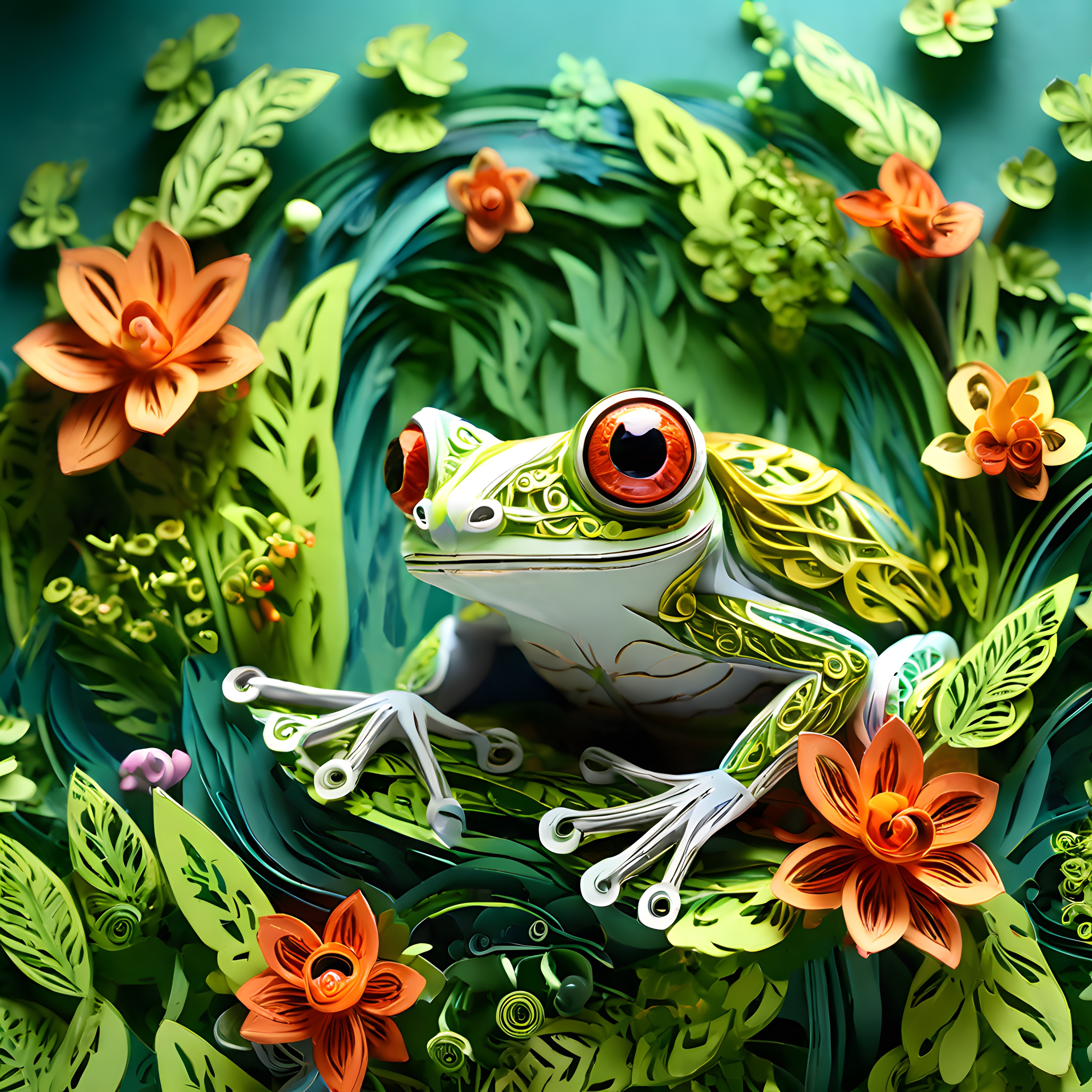 Kağıt Quilling Sanatıyla Tasarlanmış Renkli Orman Kurbağası ve Çiçekler