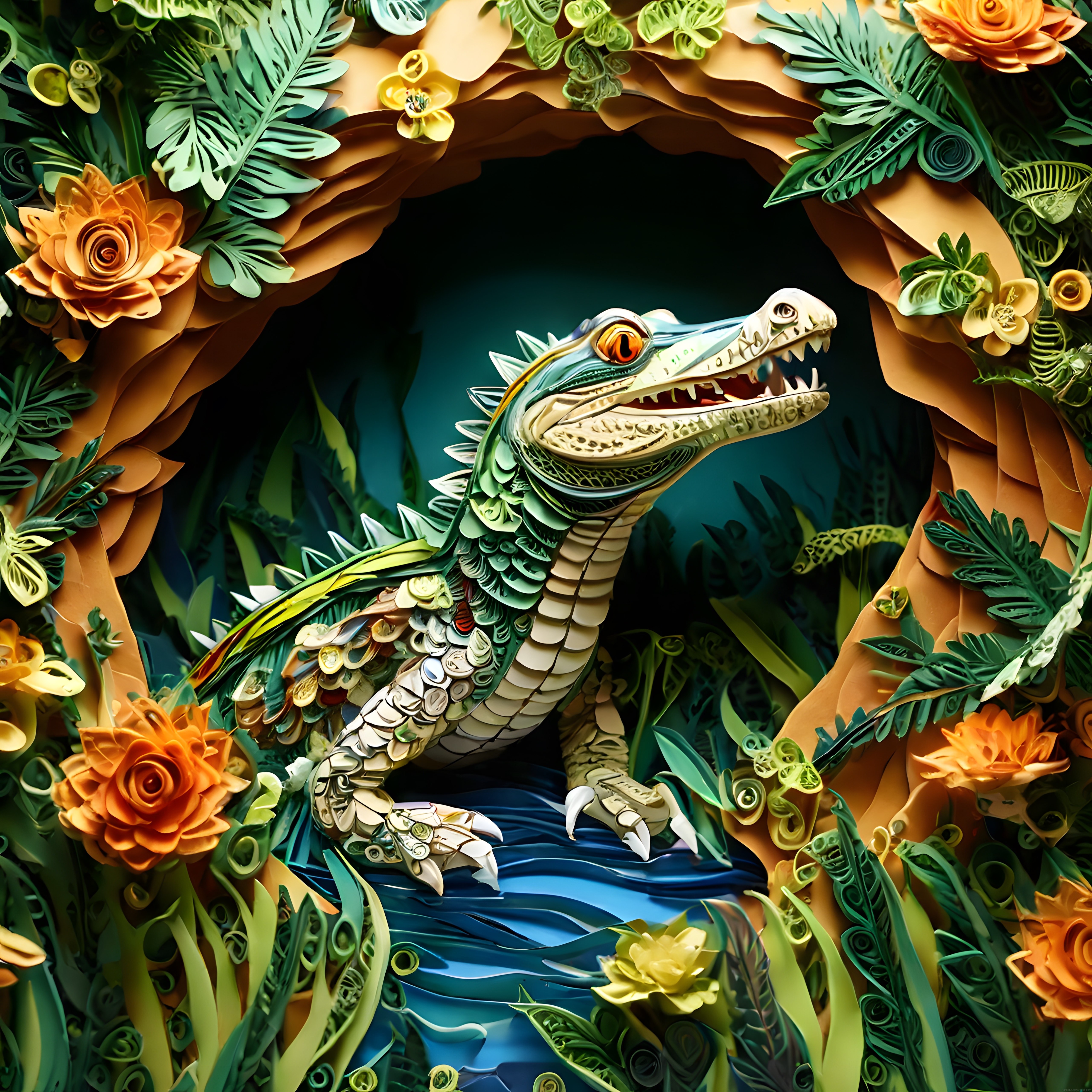 Kağıt Quilling Sanatıyla Yapılmış Timsah ve Tropik Çiçeklerden Oluşan 3D Diorama
