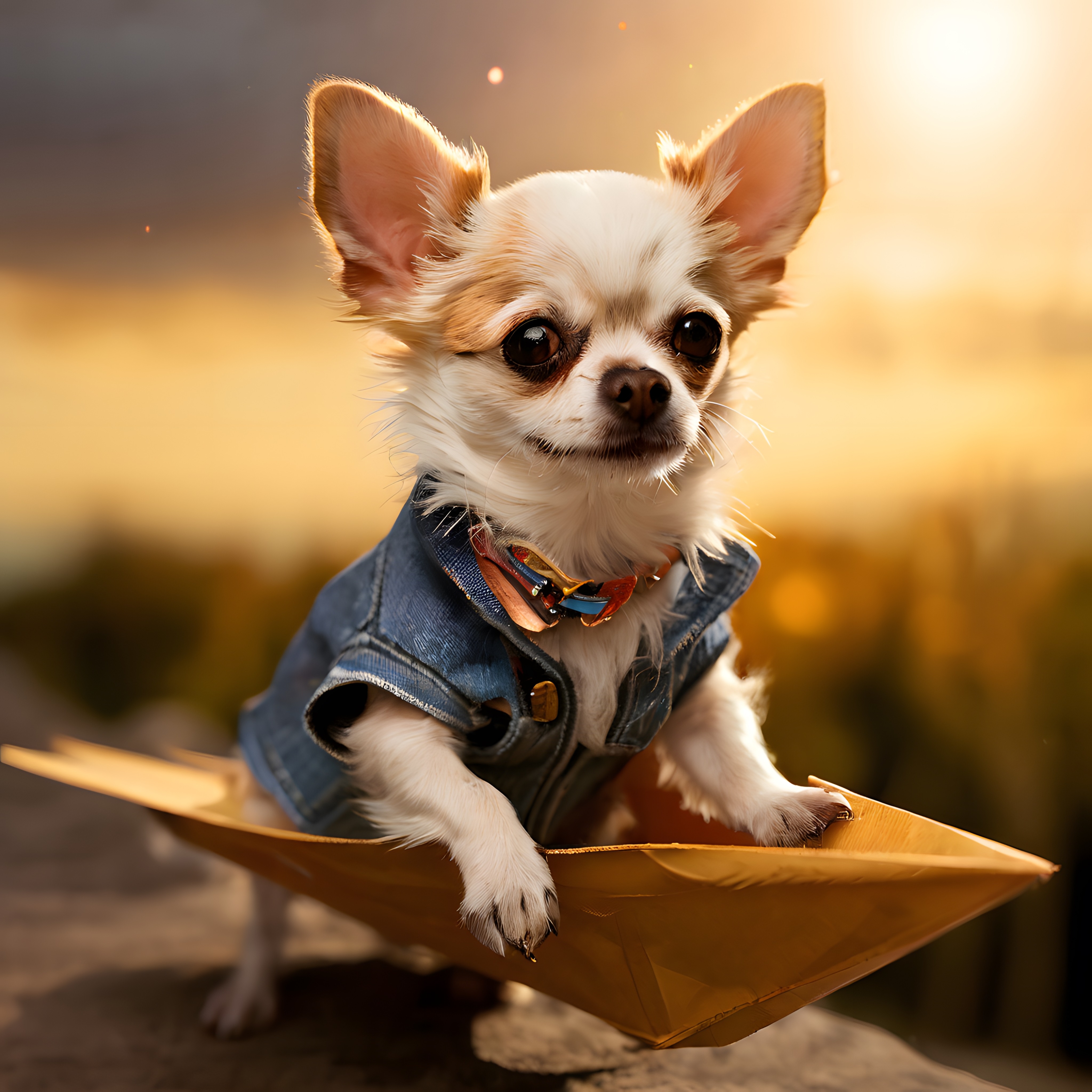 Kağıt Teknede Kot Ceketli ve Gözlüklü Sevimli Chihuahua Köpek