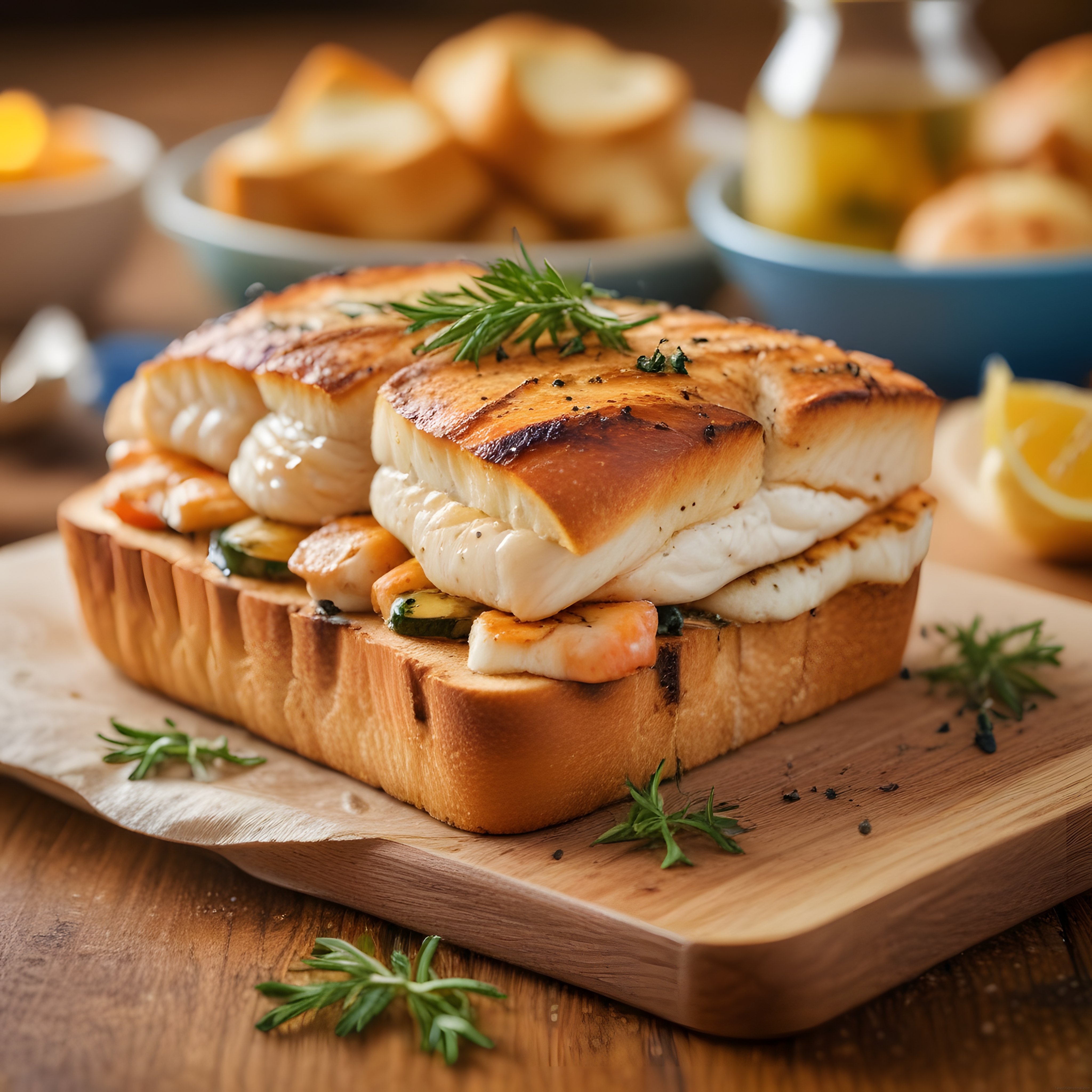 kahvaltı için ahşap sunum tahtası üzerinde ızgara hellim ve karidesli tost