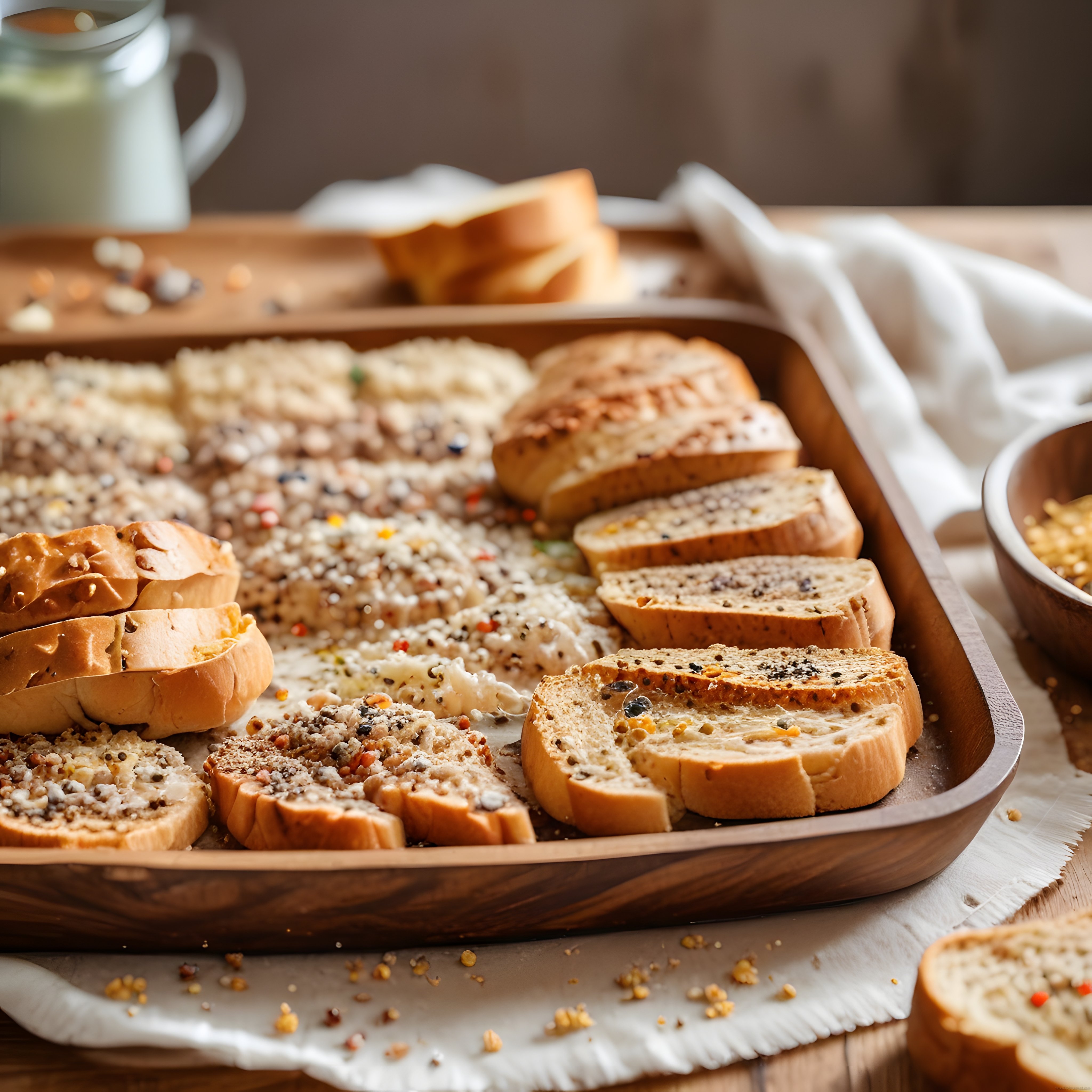 Kahvaltı İçin Şık Ahşap Tepside Ekmek Dilimleri ve Brunch Sunumu