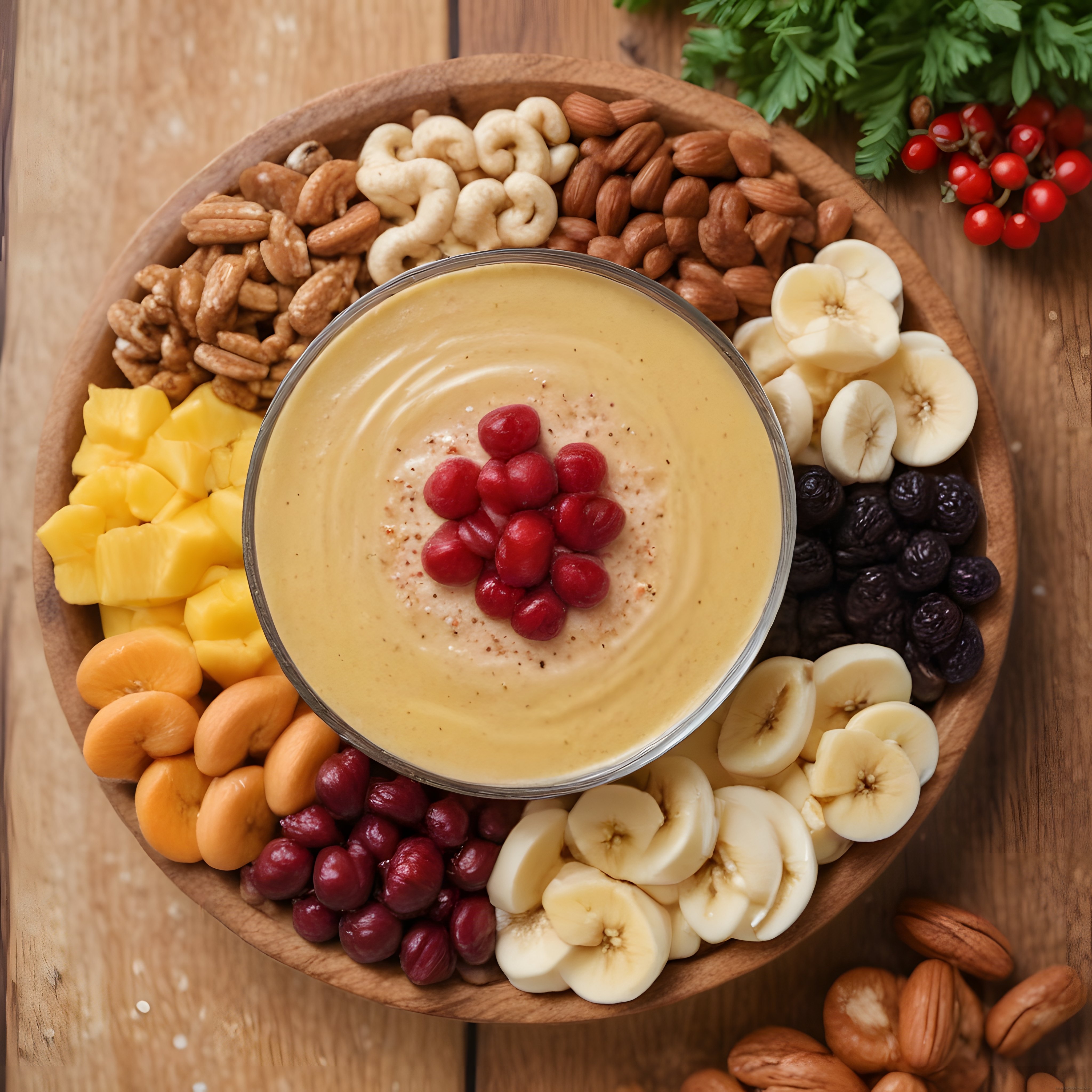 Kahvaltı İçin Taze Meyveler ve Kuruyemişlerle Süslenmiş Mango Smoothie Bowl