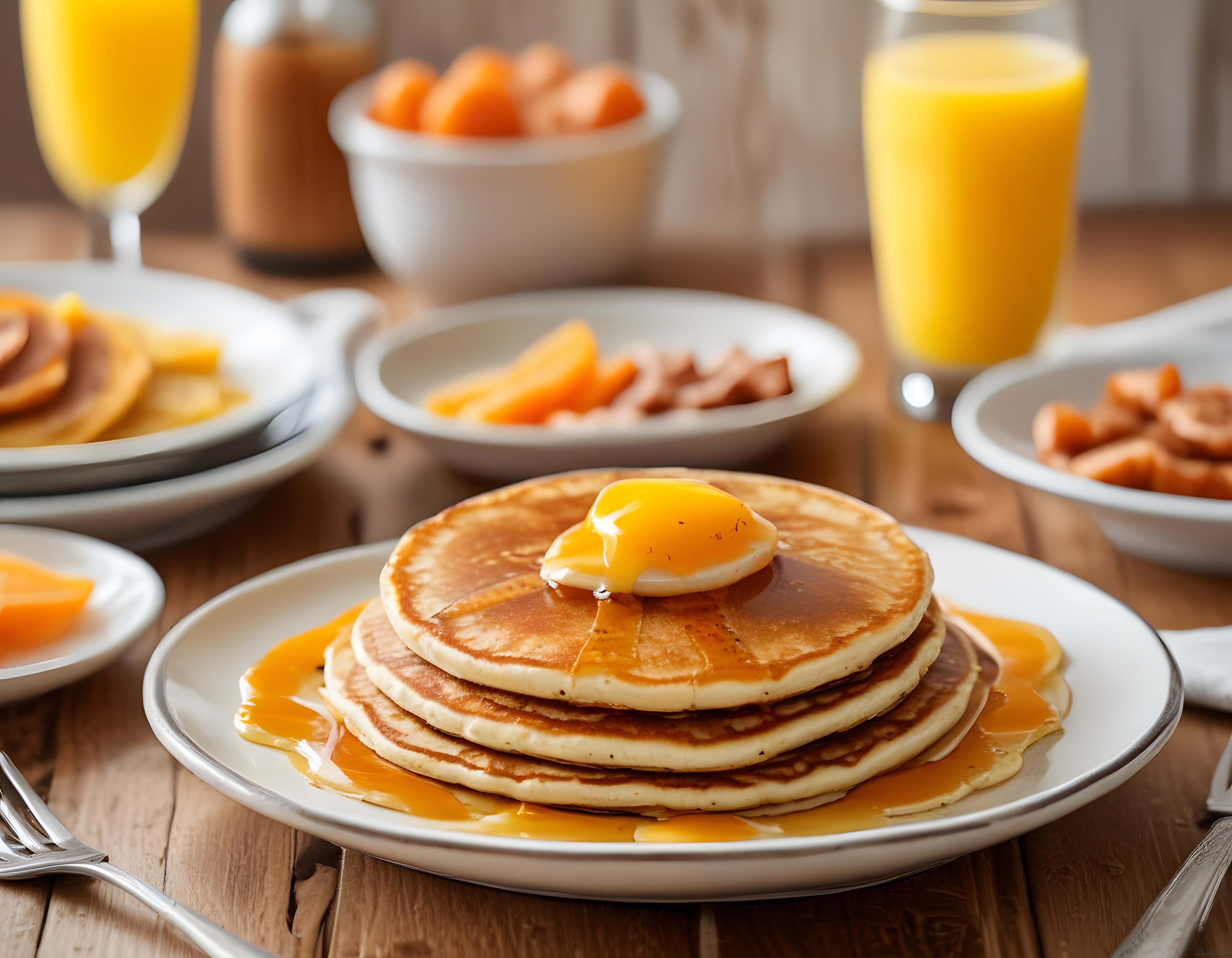 Kahvaltı Masasında Bal Dökülmüş Tereyağlı Pancake ve Portakal Suyu