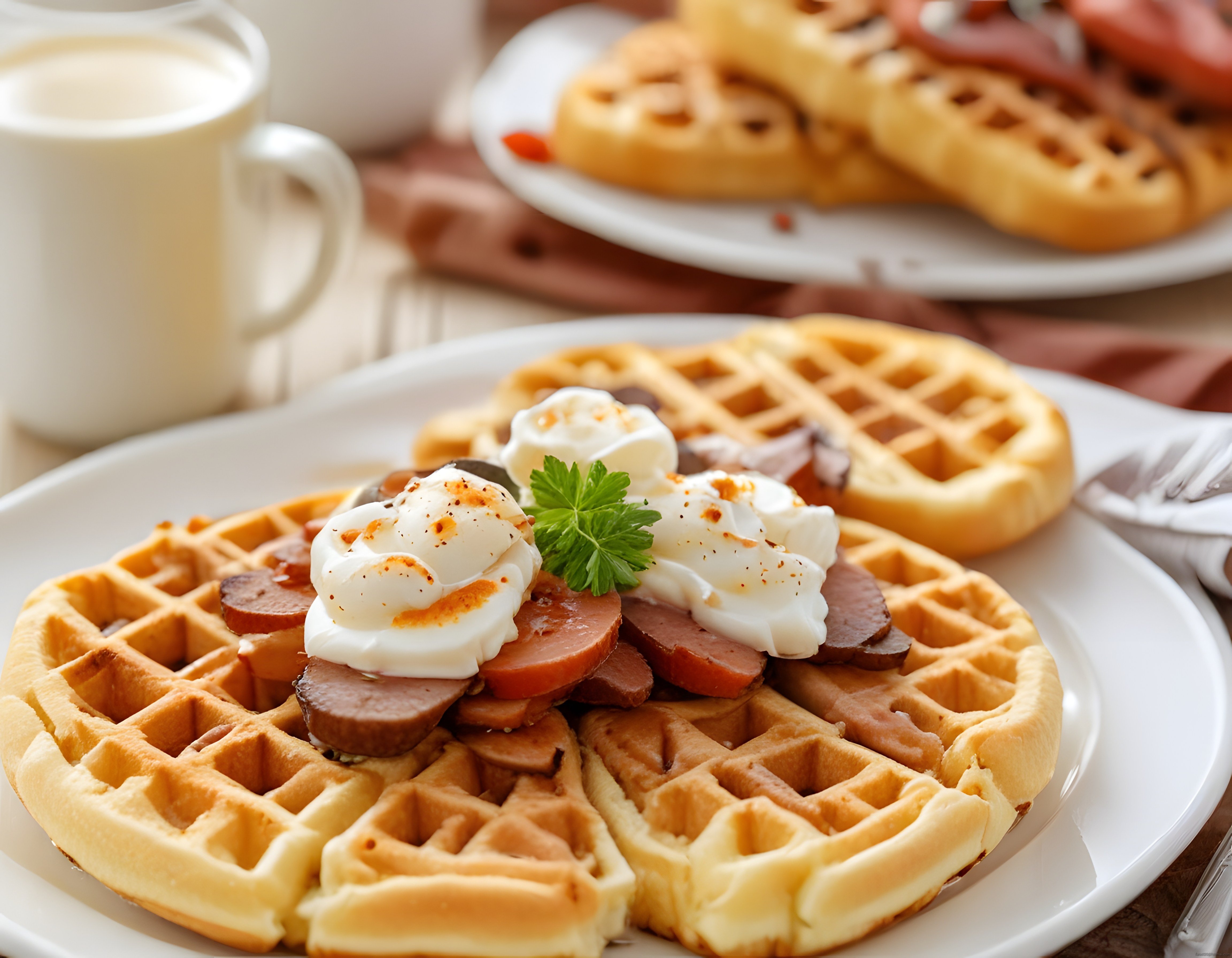Kahvaltı Masasında Bol Malzemeli Taze Waffle ve Poşe Yumurta Sunumu