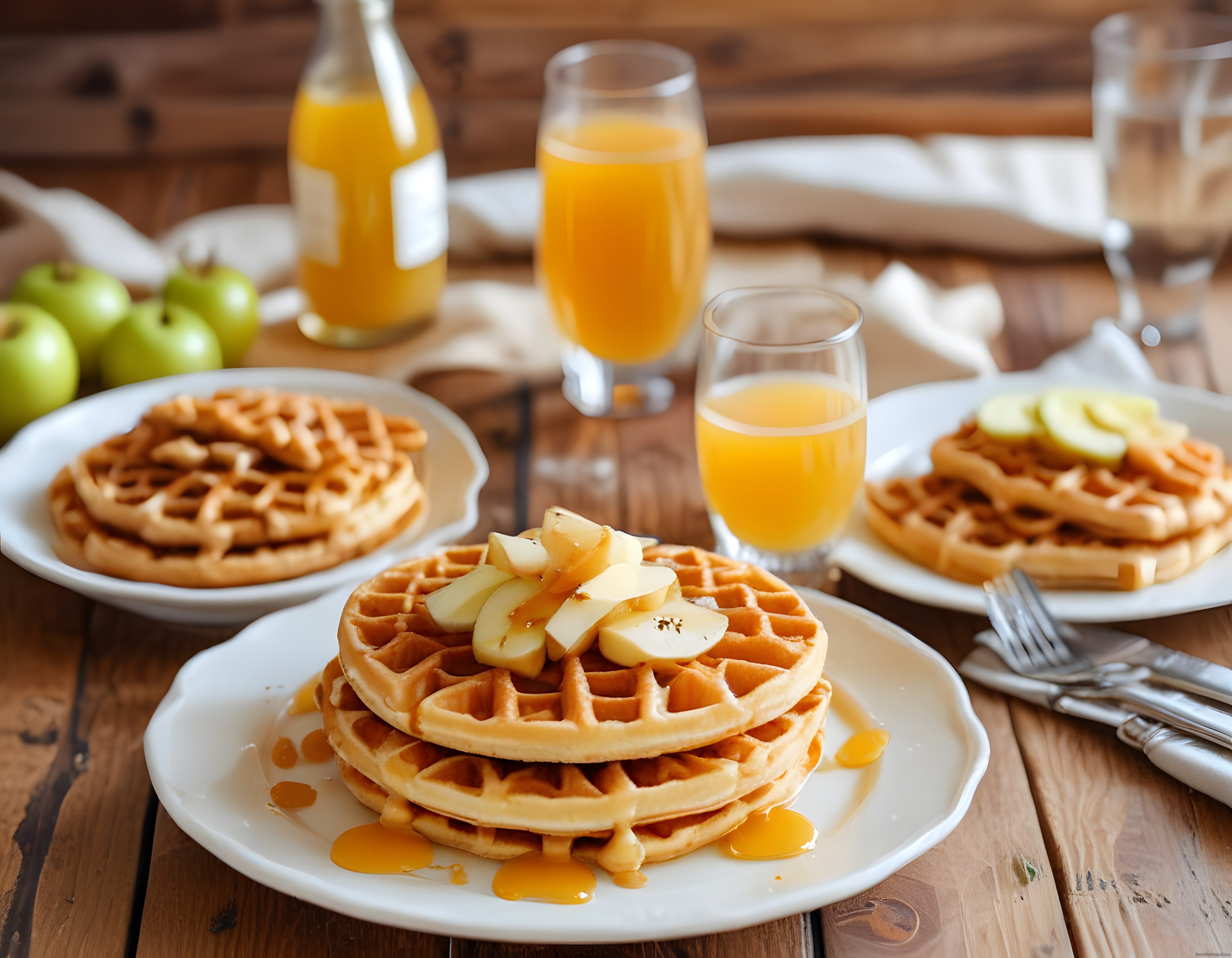 Kahvaltı Masasında Elmalı Bal Şuruplu Waffle ve Taze Sıkma Meyve Suyu