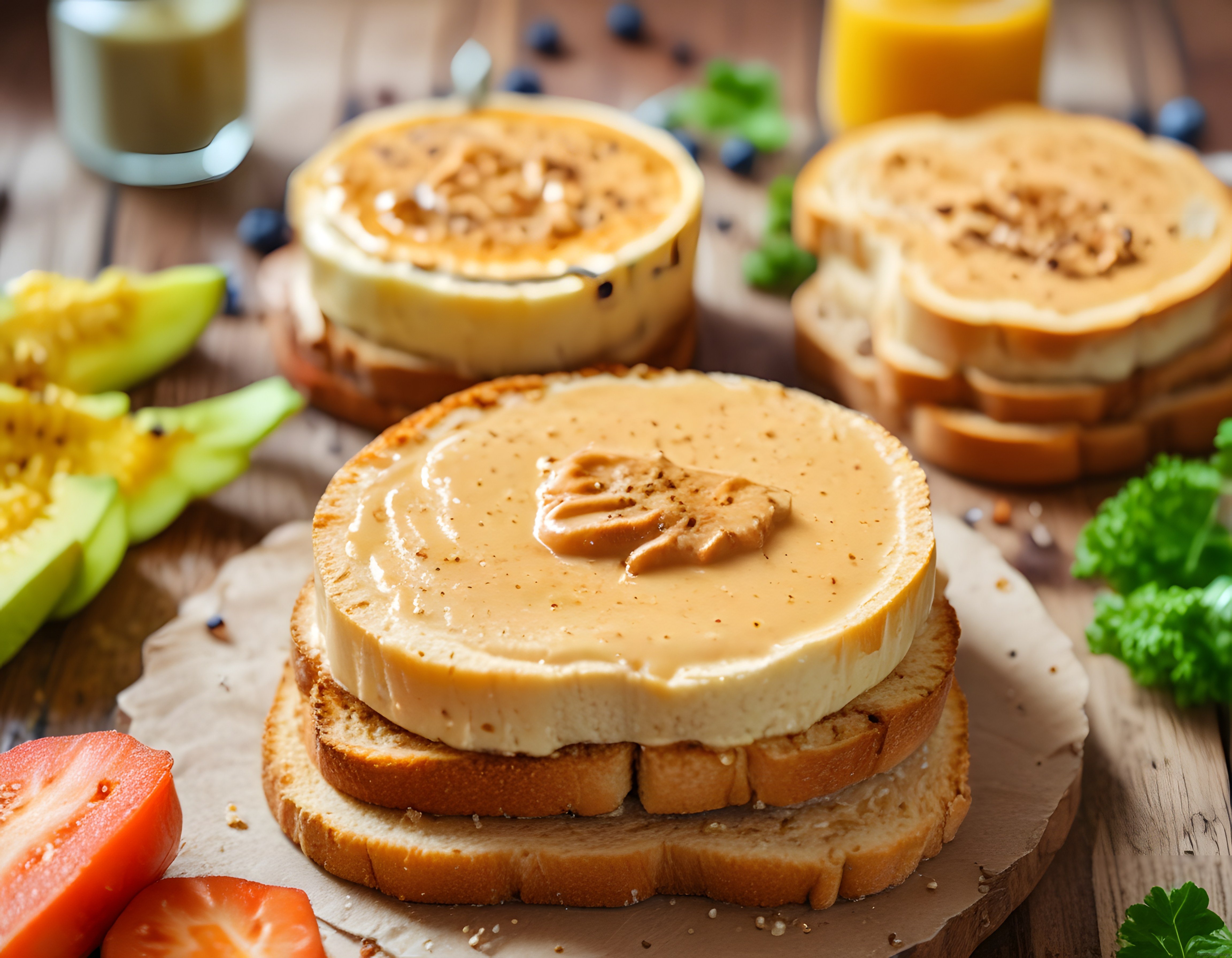 Kahvaltı Masasında Fıstık Ezmesi Sürülmüş Tost Ekmekleri ve Taze Sebzeler