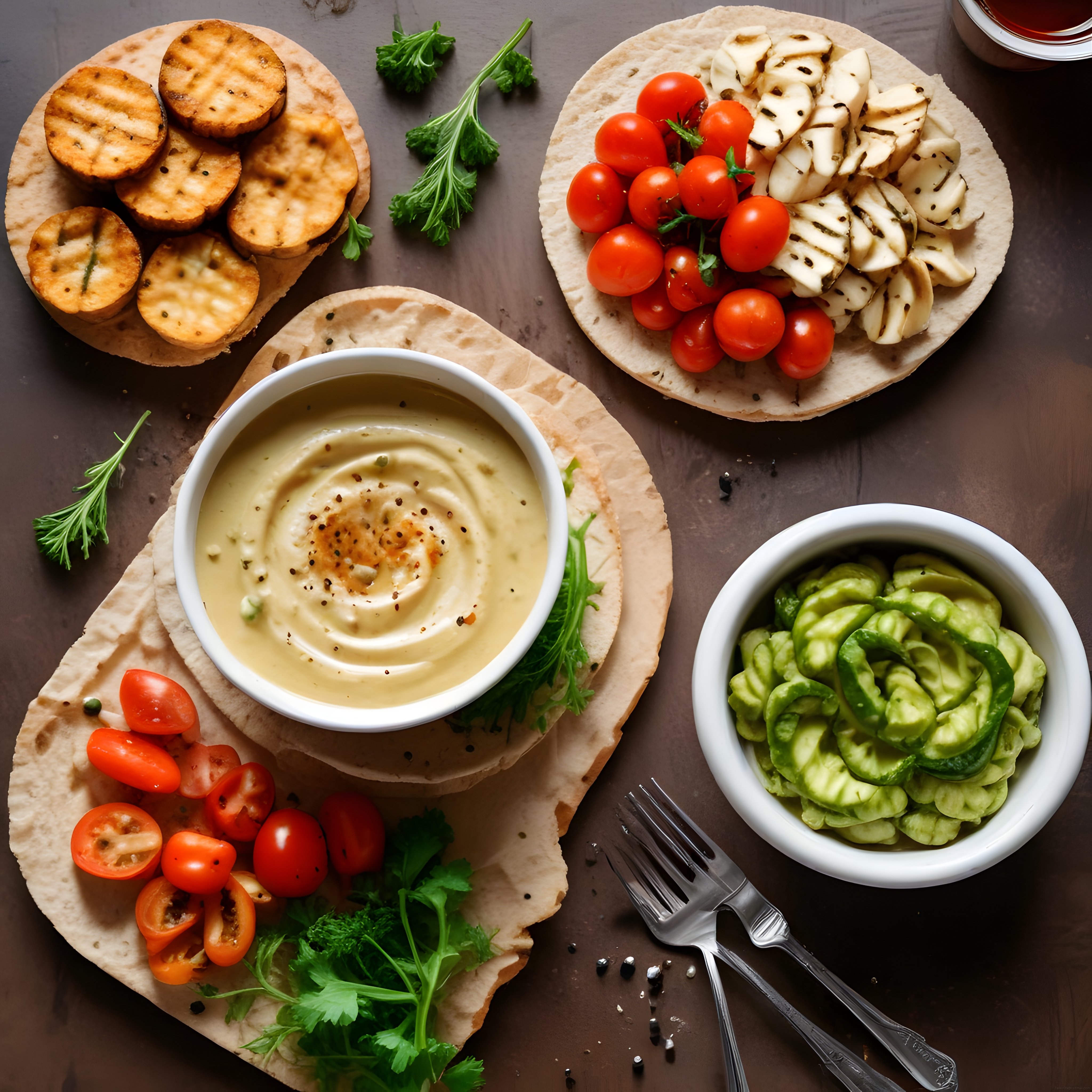 Kahvaltı masasında humus ve ızgara peynir ile lezzetli bir brunch sunumu