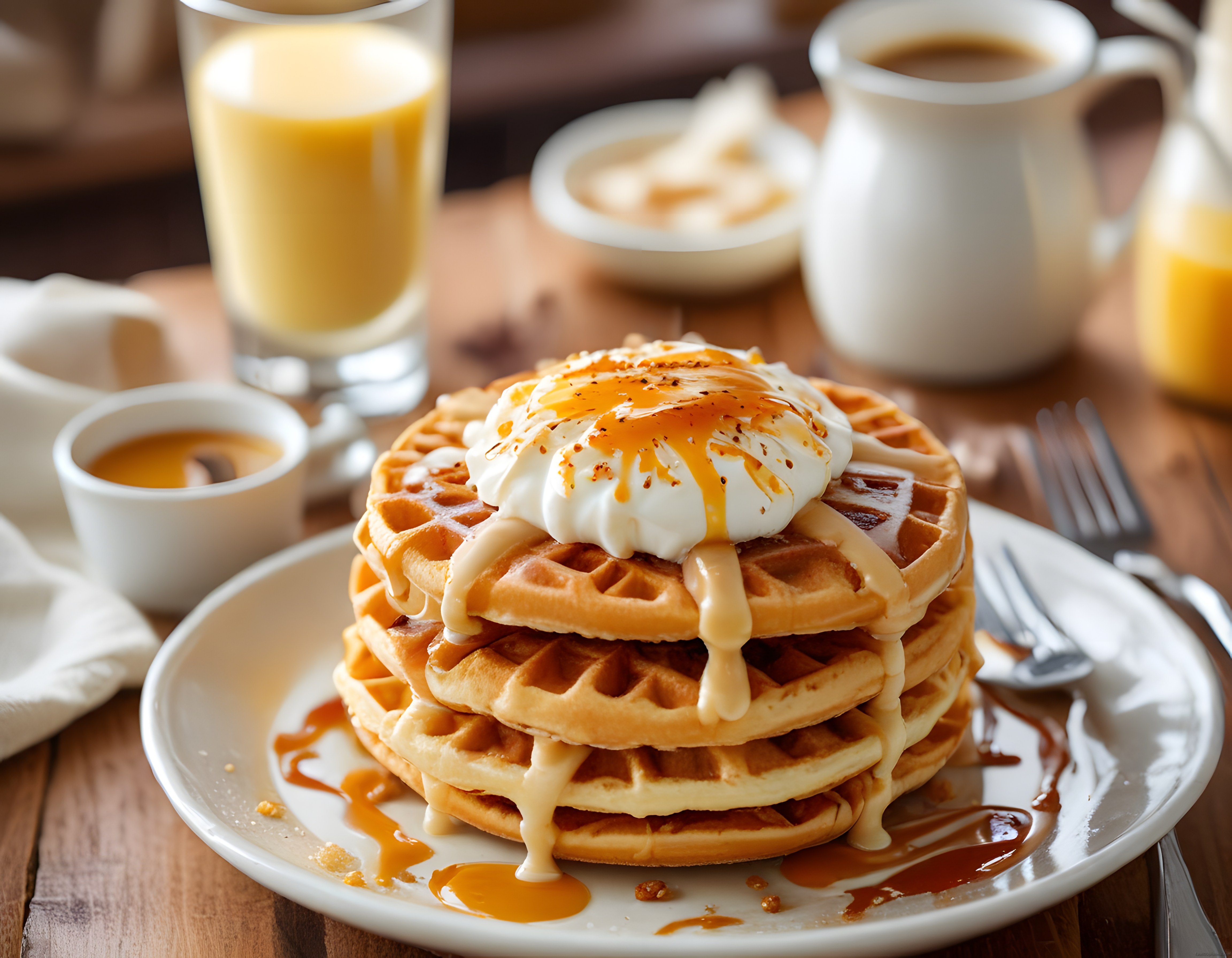 Kahvaltı Masasında Karamel Soslu Waffle Yığını ve Taze Kremalı Tatlı Sunum