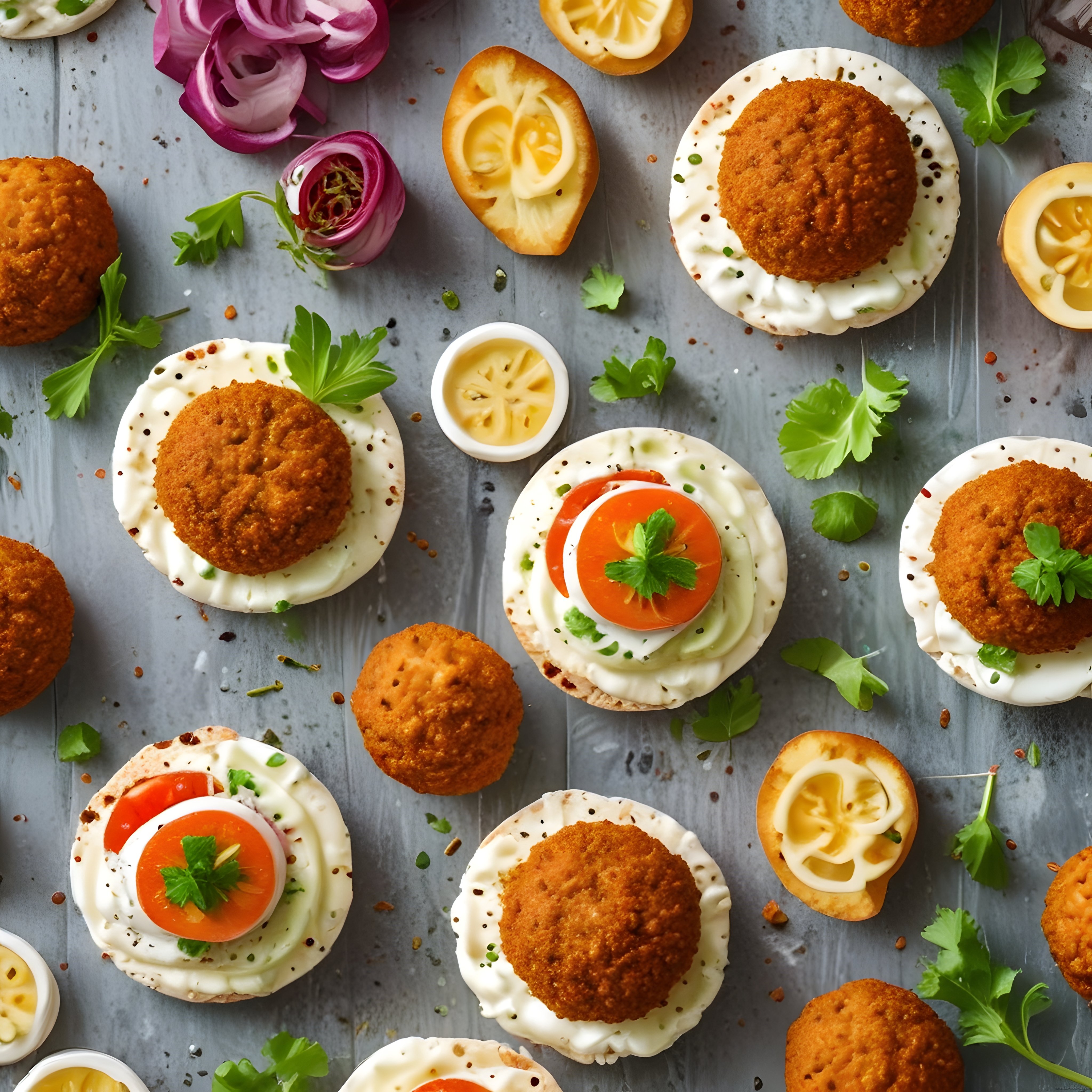 Kahvaltı masasında kızartma topları ve yumurtalı sandviçlerle zengin sunum