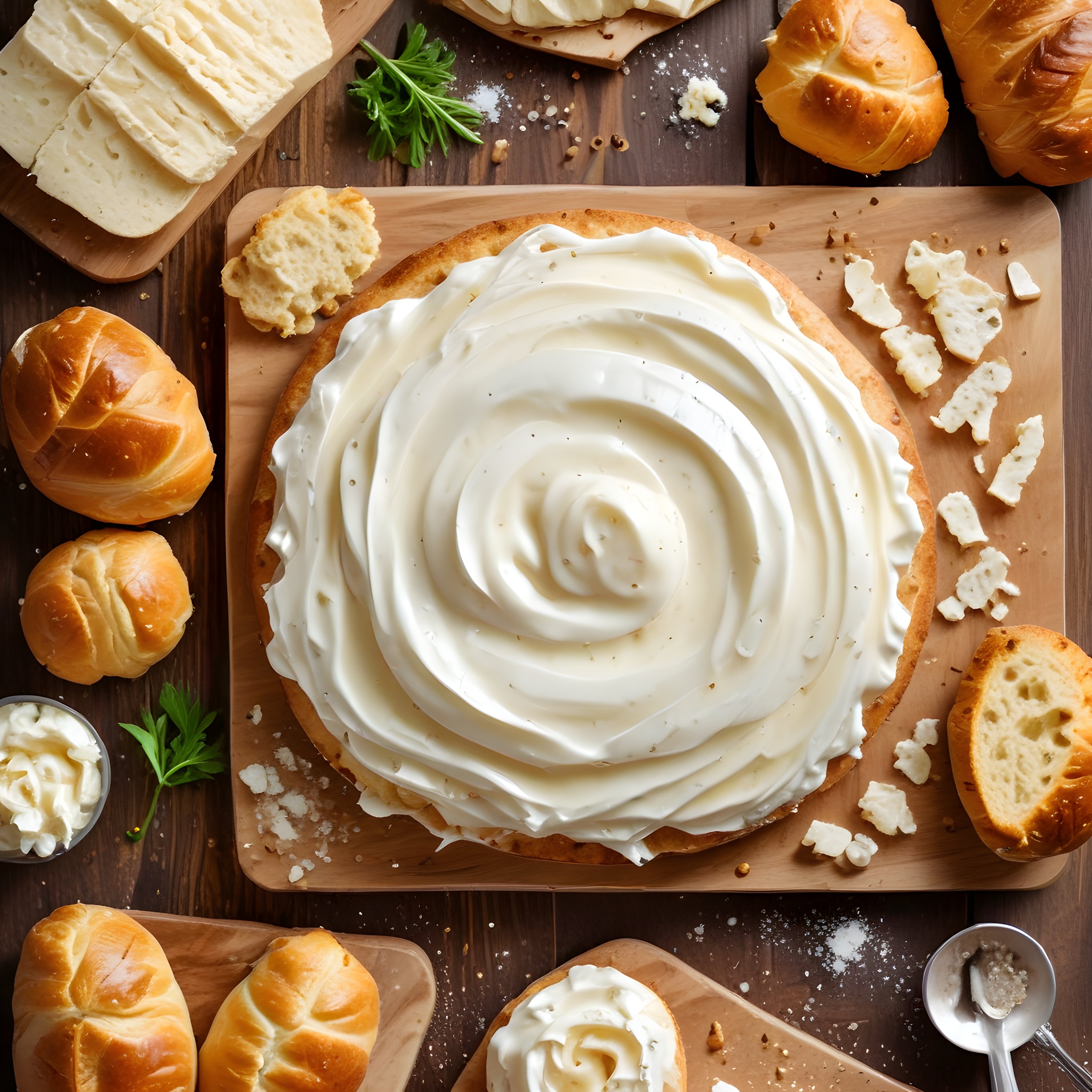 Kahvaltı Masasında Krem Peynirli Ekmek ve Taze Ekmek Çeşitleri Sunumu