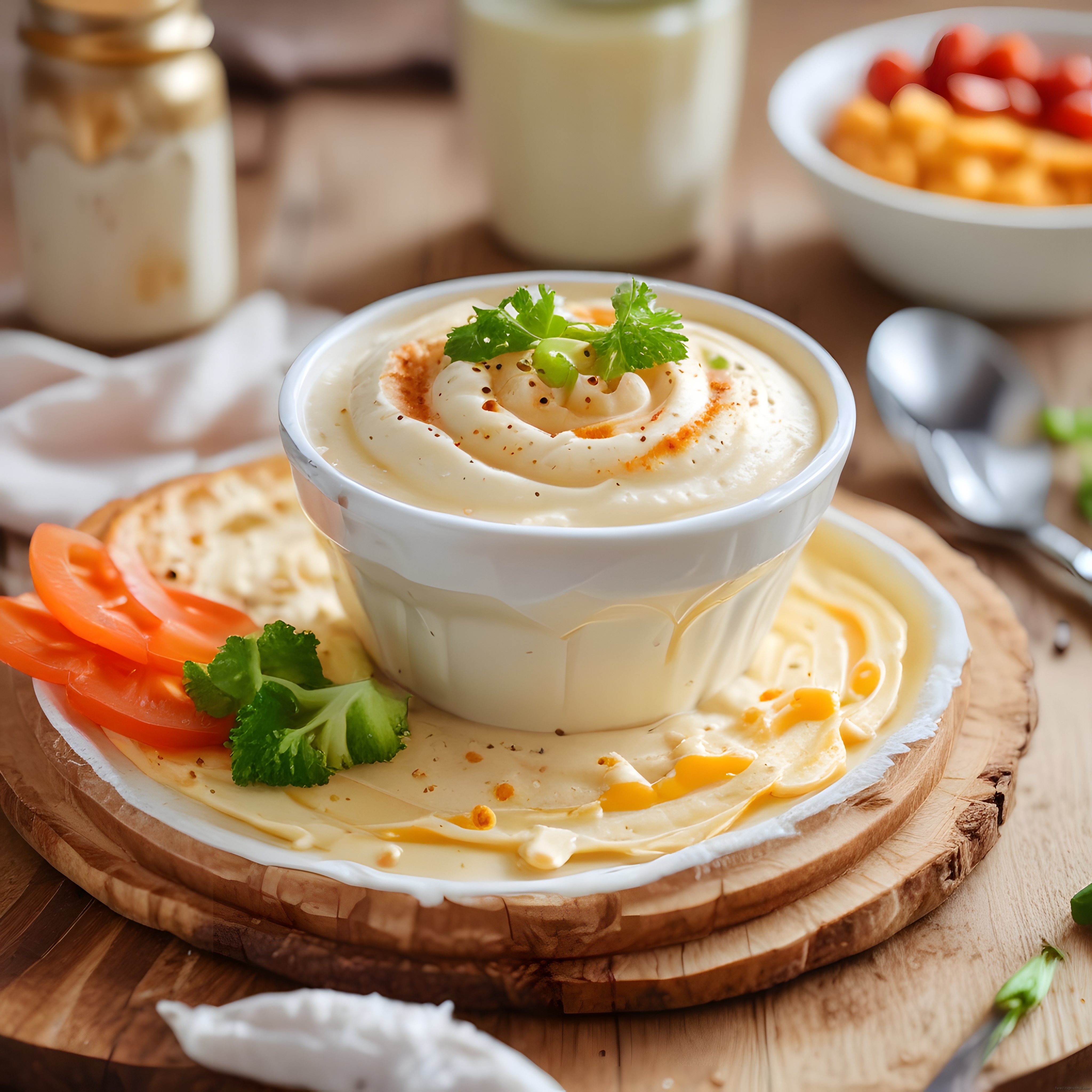 Kahvaltı Masasında Kreması Humus Tabağı, Taze Domates ve Peynir Sunumu