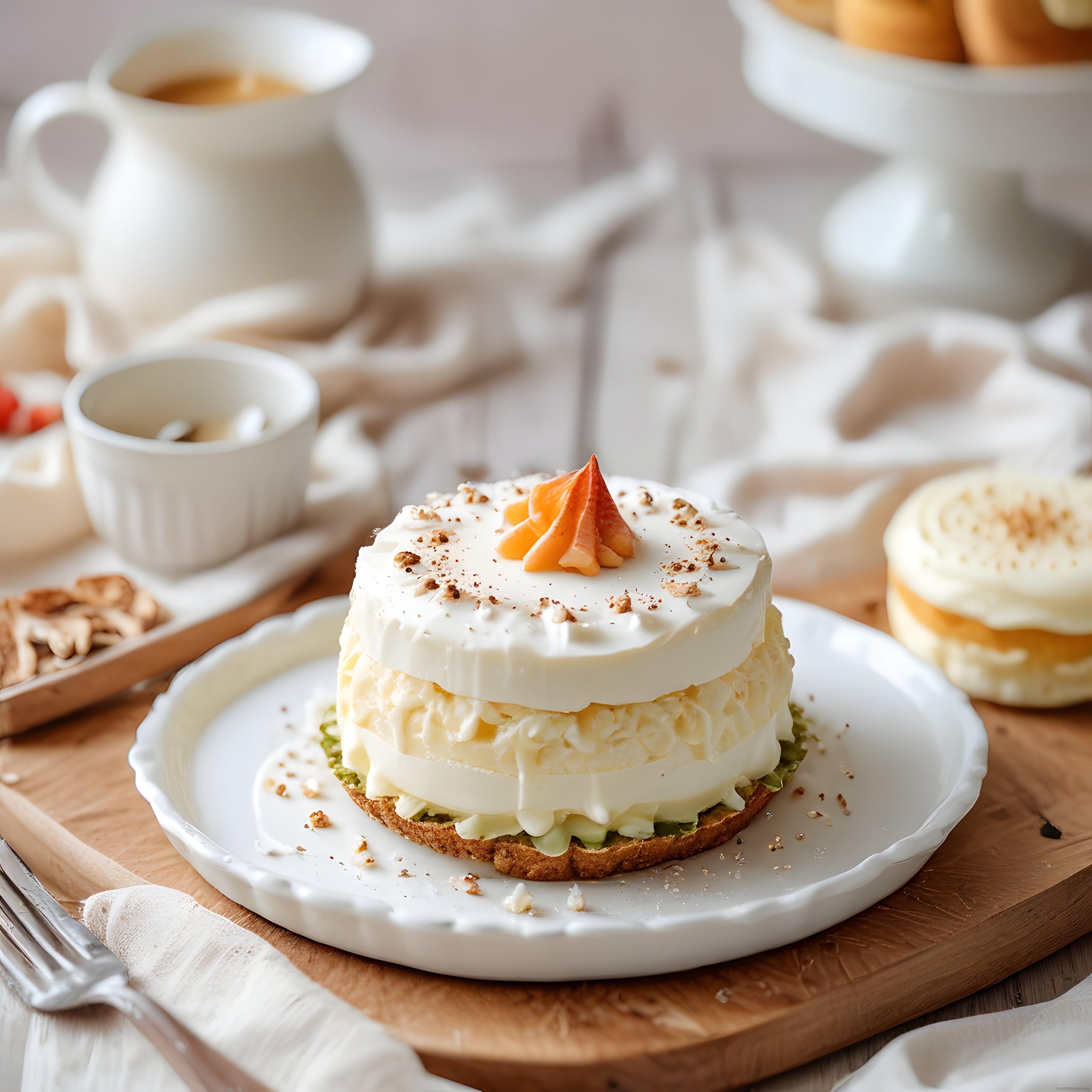 Kahvaltı Masasında Meyveli Katmanlı Sufle Pankek ve Sütlü Kahve