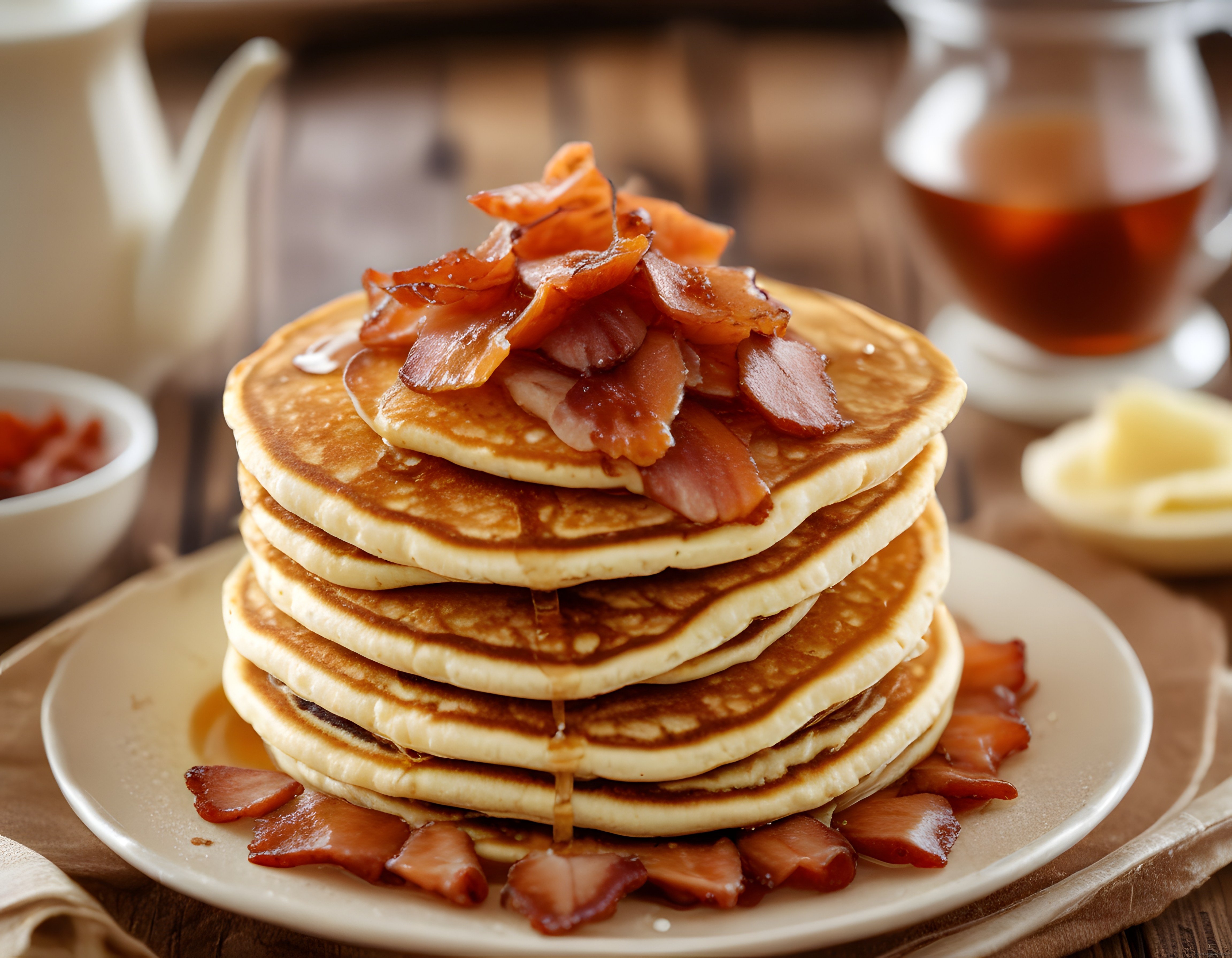 Kahvaltı masasında şurup akışlı krep yığını ve çıtır bacon süslemesi