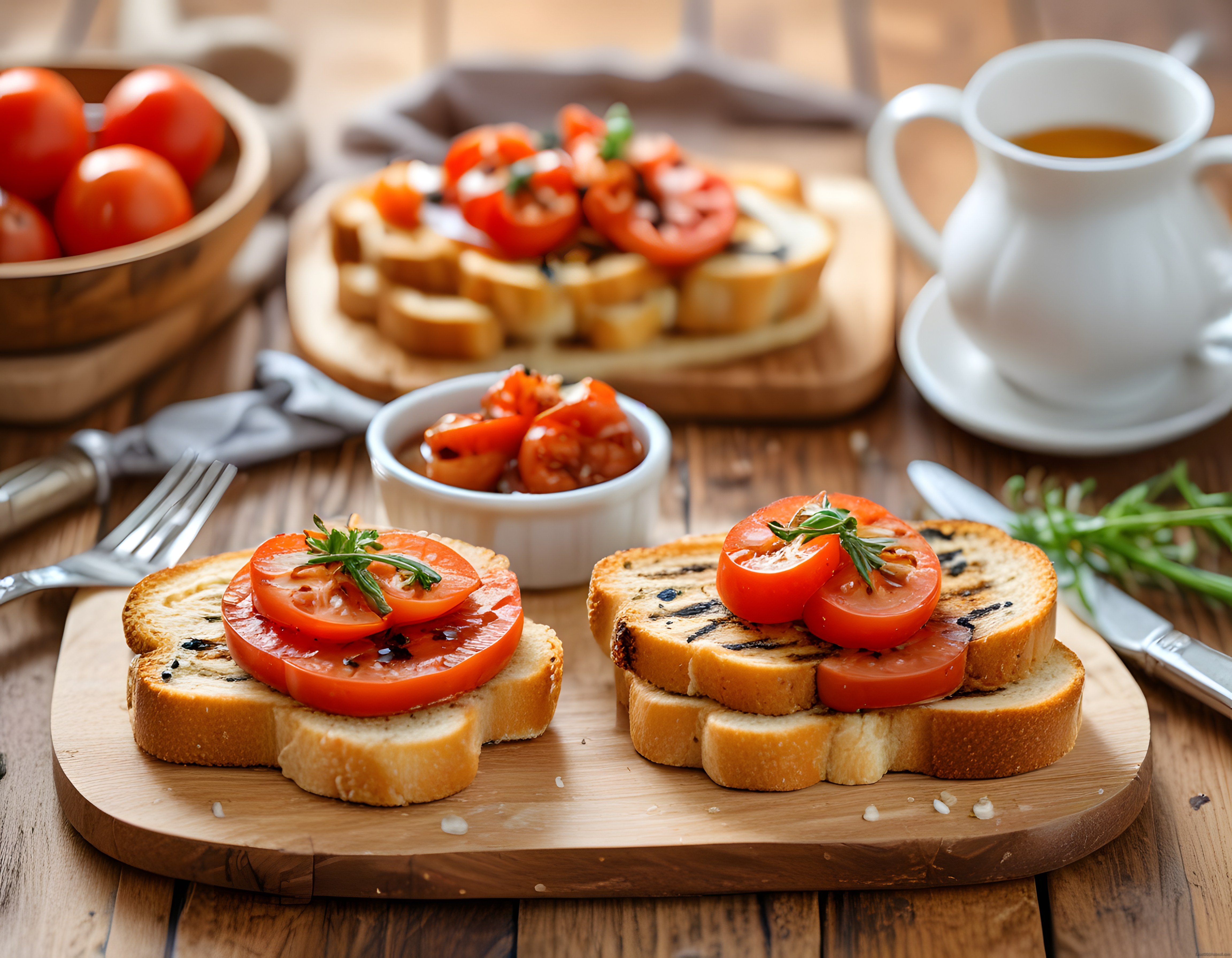 Kahvaltı Masasında Taze Domatesli Bruschetta ve Sıcak İçecek Sunumu
