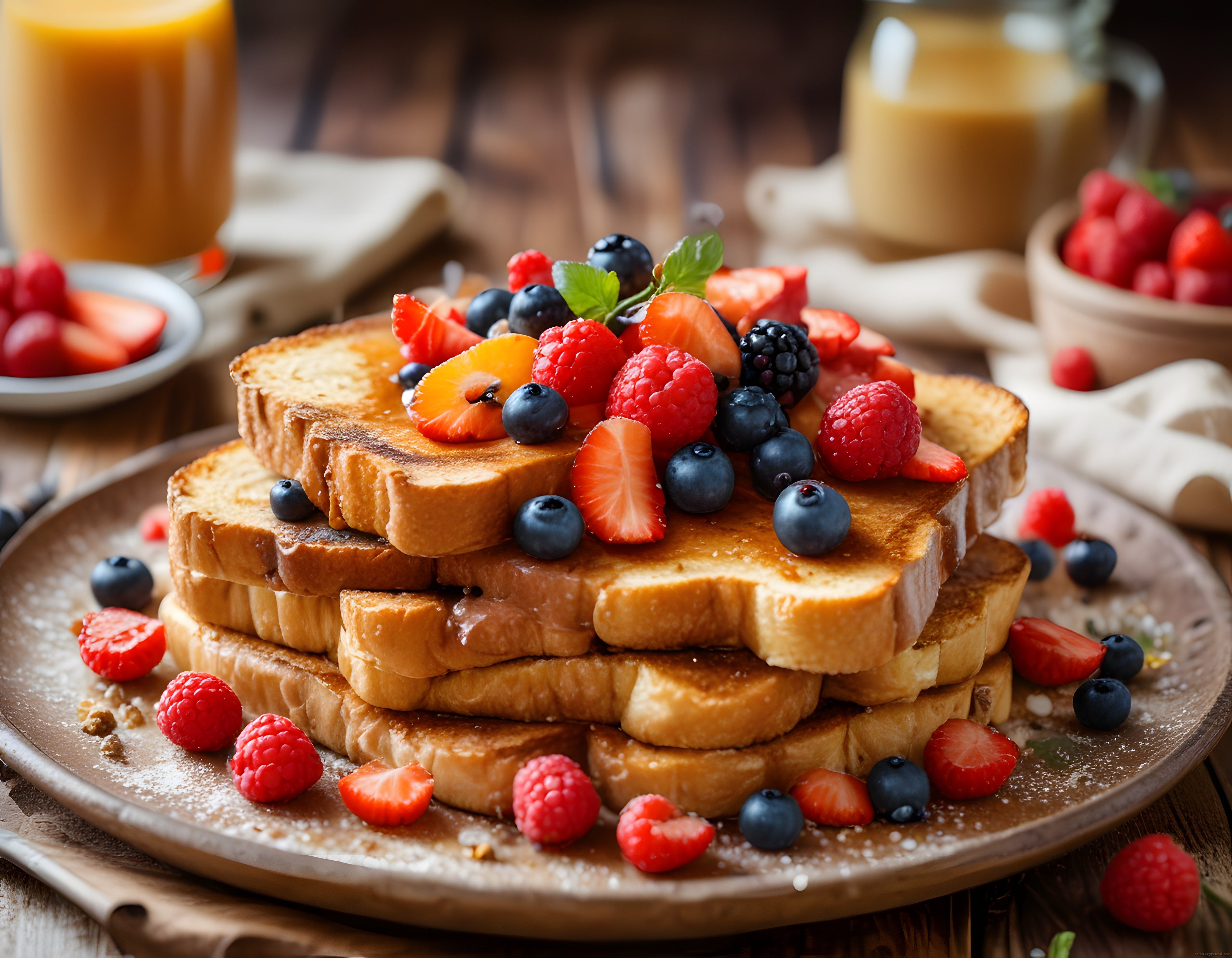 Kahvaltı Masasında Taze Orman Meyveli French Toast ve Portakal Suyu