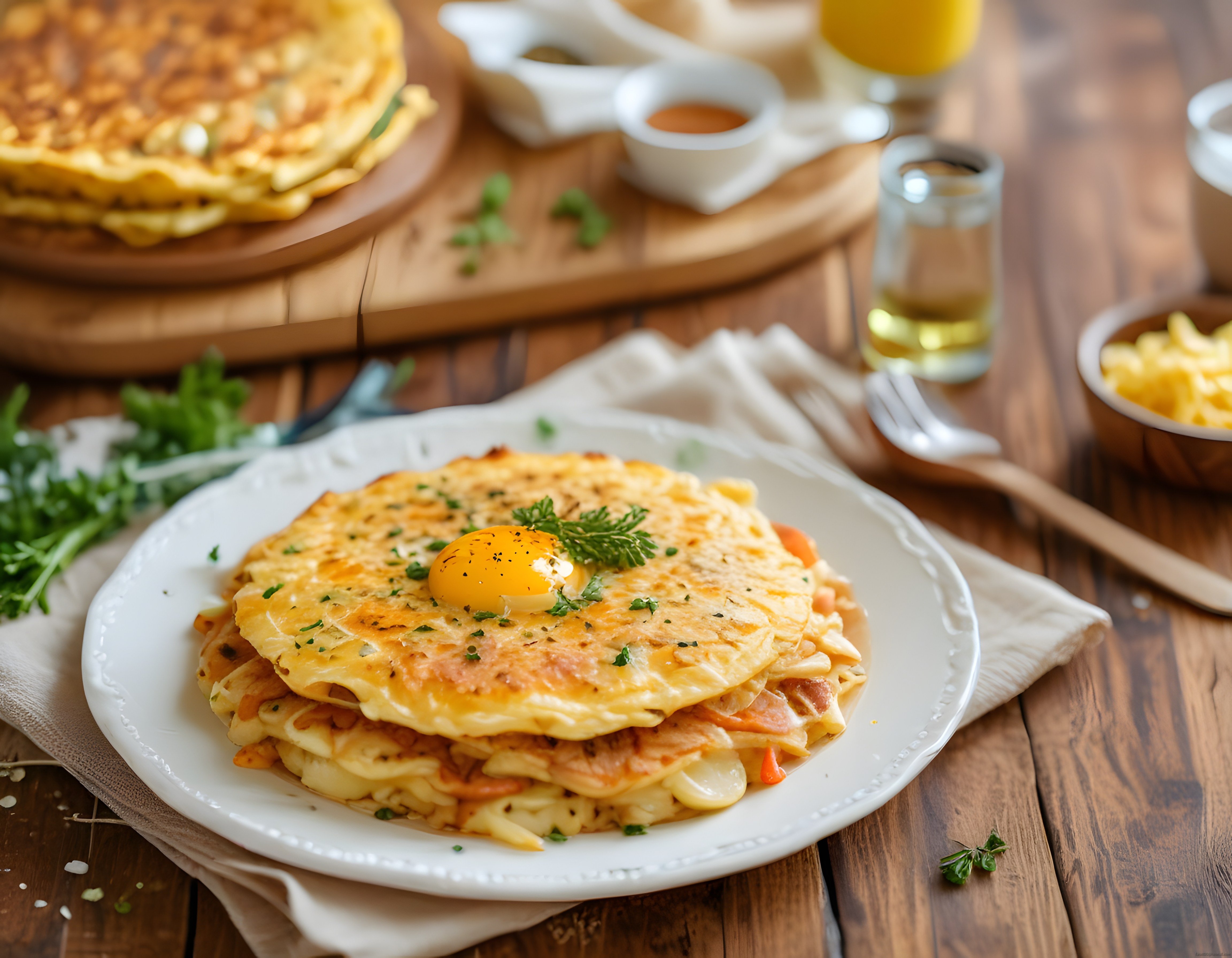 Kahvaltı Masasında Yumurtalı Krep Tabağı ve Portakal Suyu