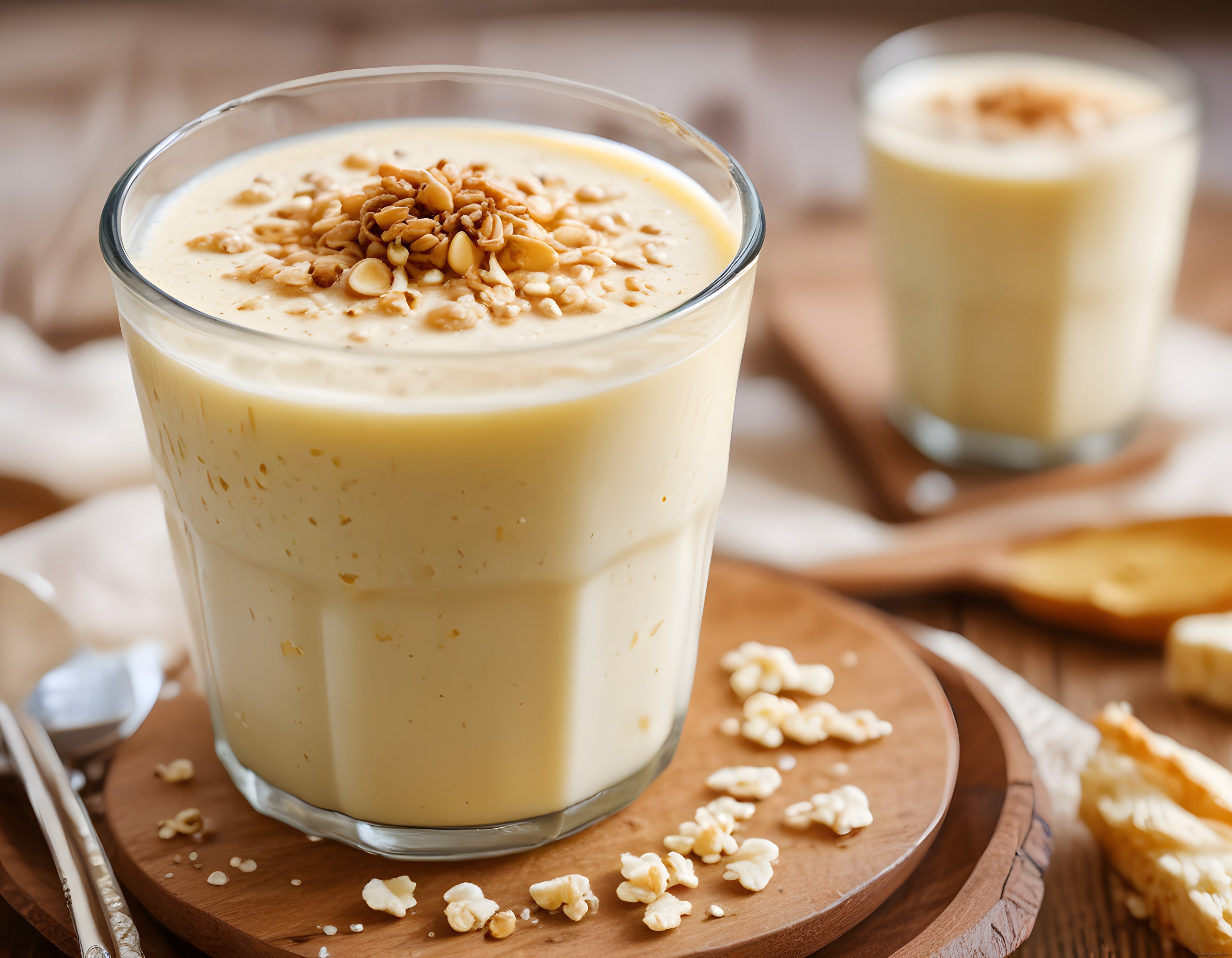 Kahvaltı Sofraları İçin Kremalı Fıstık Ezmeli Smoothie ve Kruvasan Sunumu