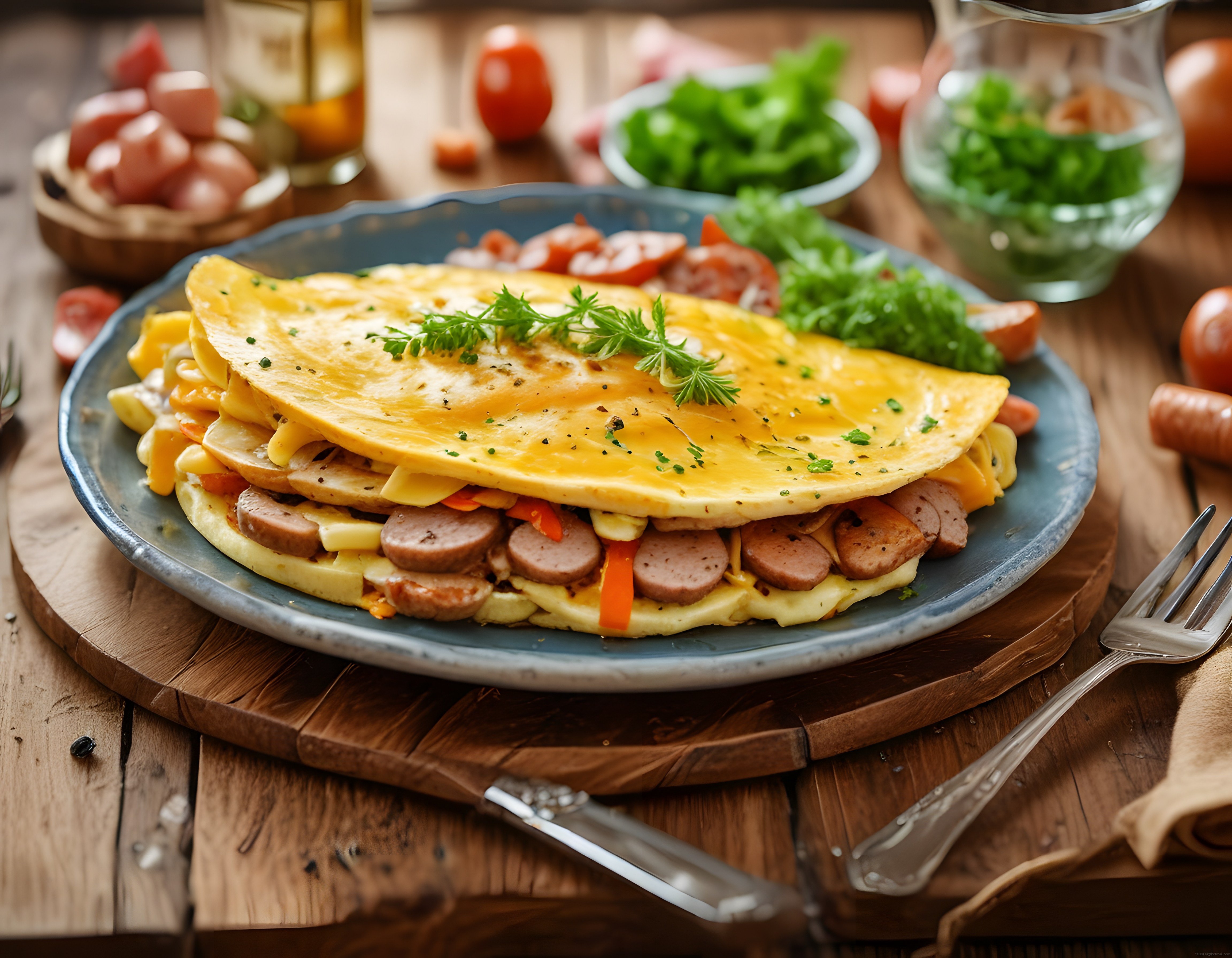 Kahvaltı Sofralarına Yakışan Sosisli Omlet ve Taze Yeşillikle Mükemmel Sunum