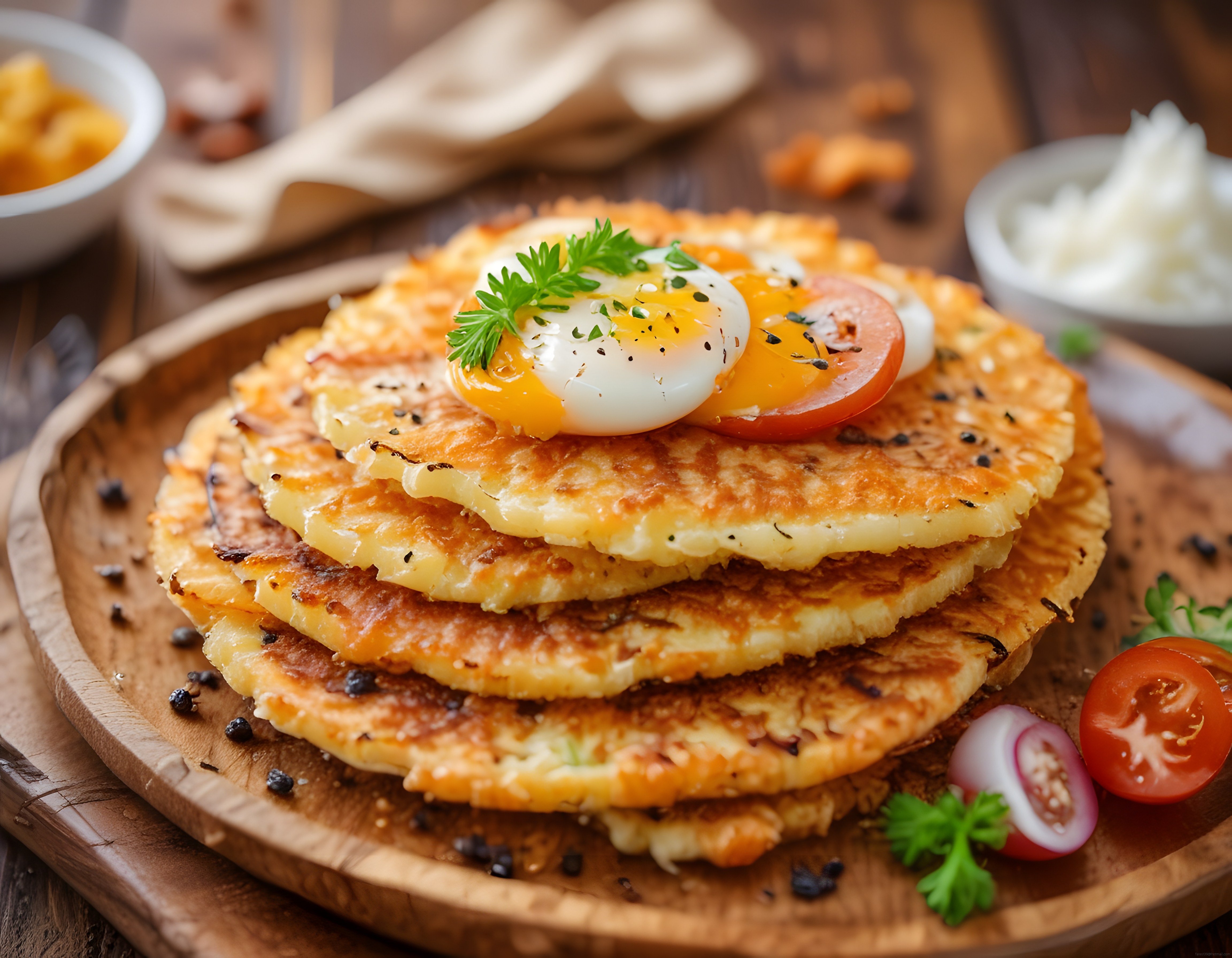 Kahvaltı sofrası için üstü yumurtalı çıtır patates mücveri ve taze sebze süslemesi