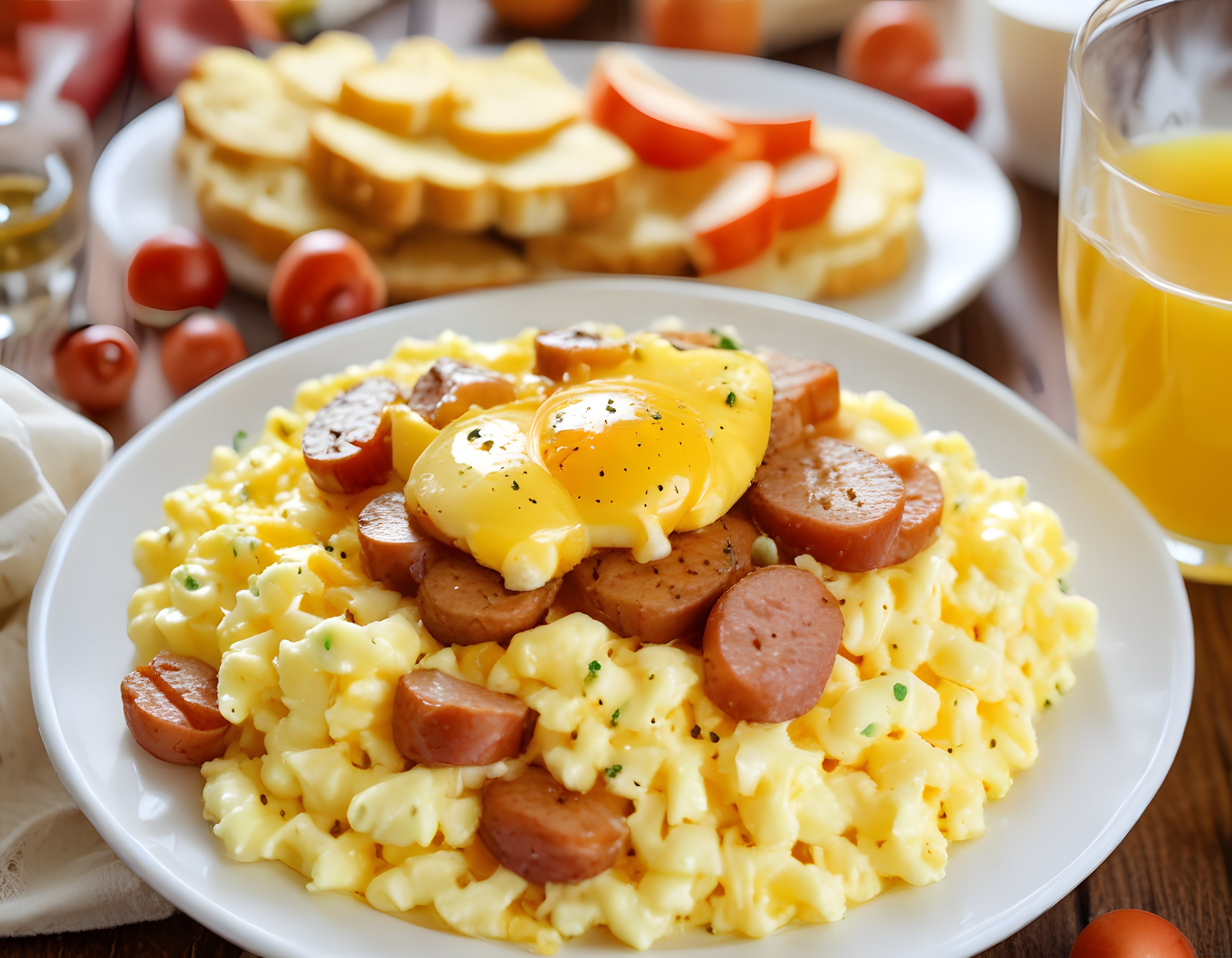 Kahvaltı Sofrası: Sosisli Scrambled Egg, Yumuşak Yumurta ve Elmalı Ekmek
