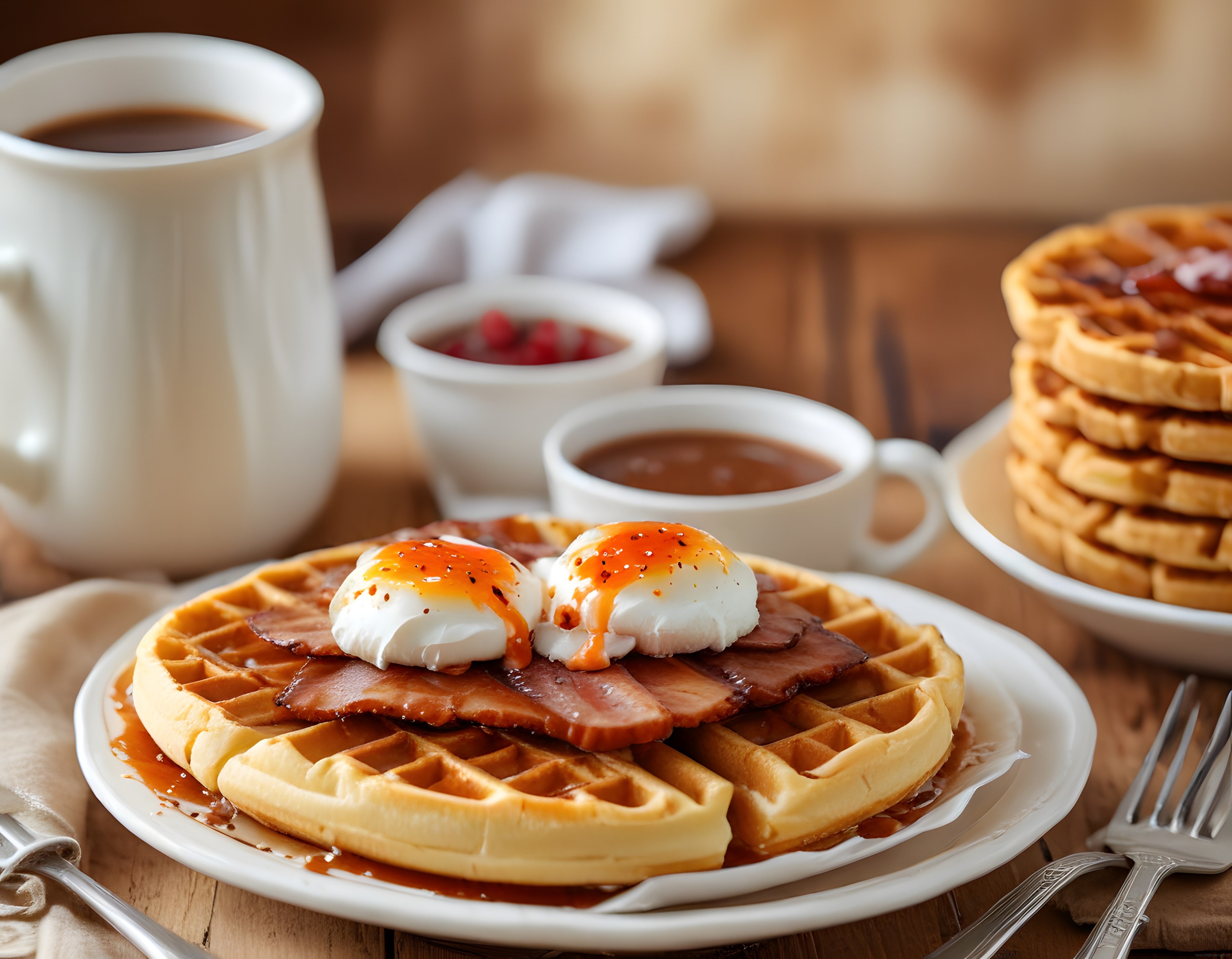 Kahvaltı Sofrası: Waffle Tabağı Üzerinde Poşe Yumurta, Bacon ve Karamelize Sos