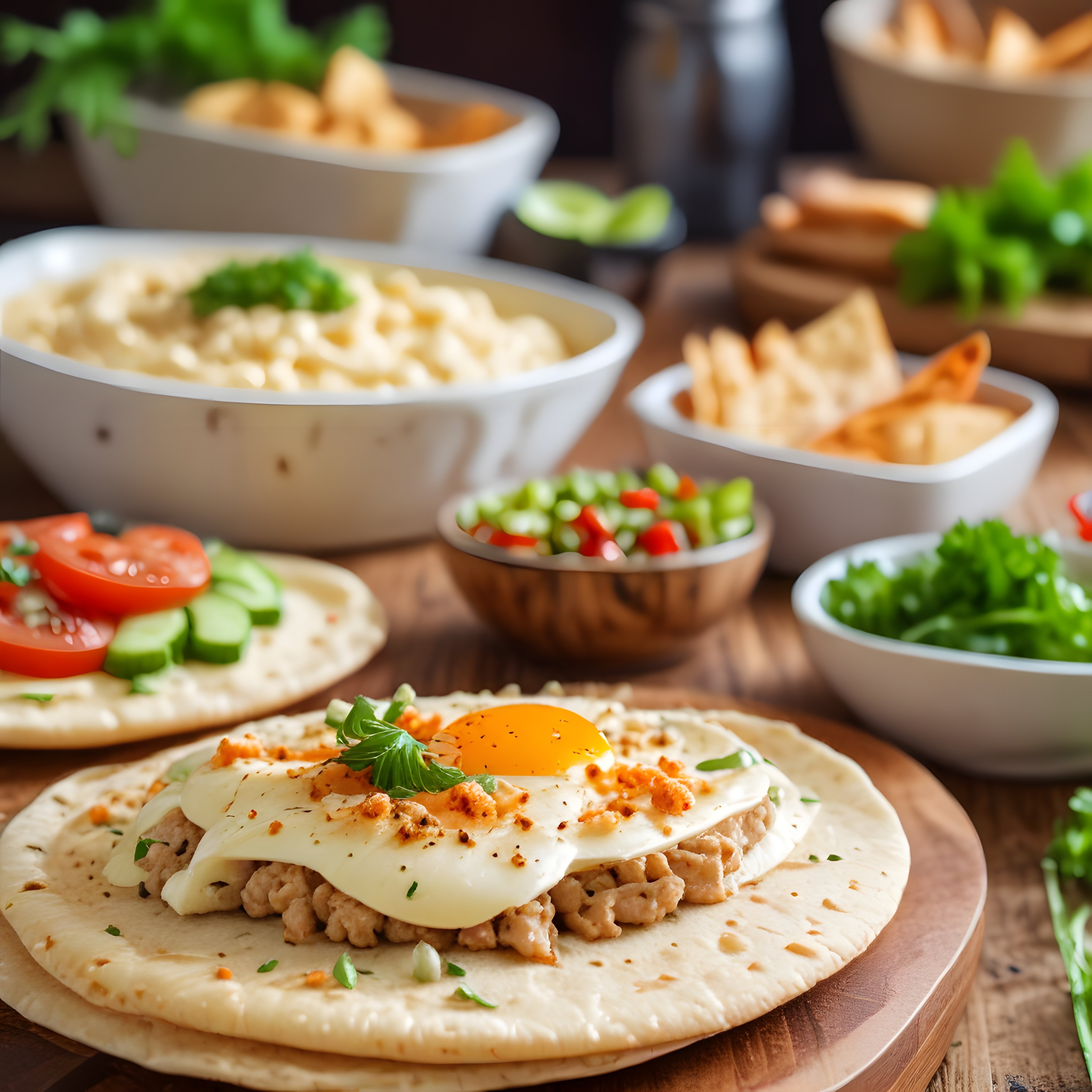 Kahvaltı Sofrası: Yumurtalı Lavaş, Humus ve Taze Soslarla Renkli Sunum
