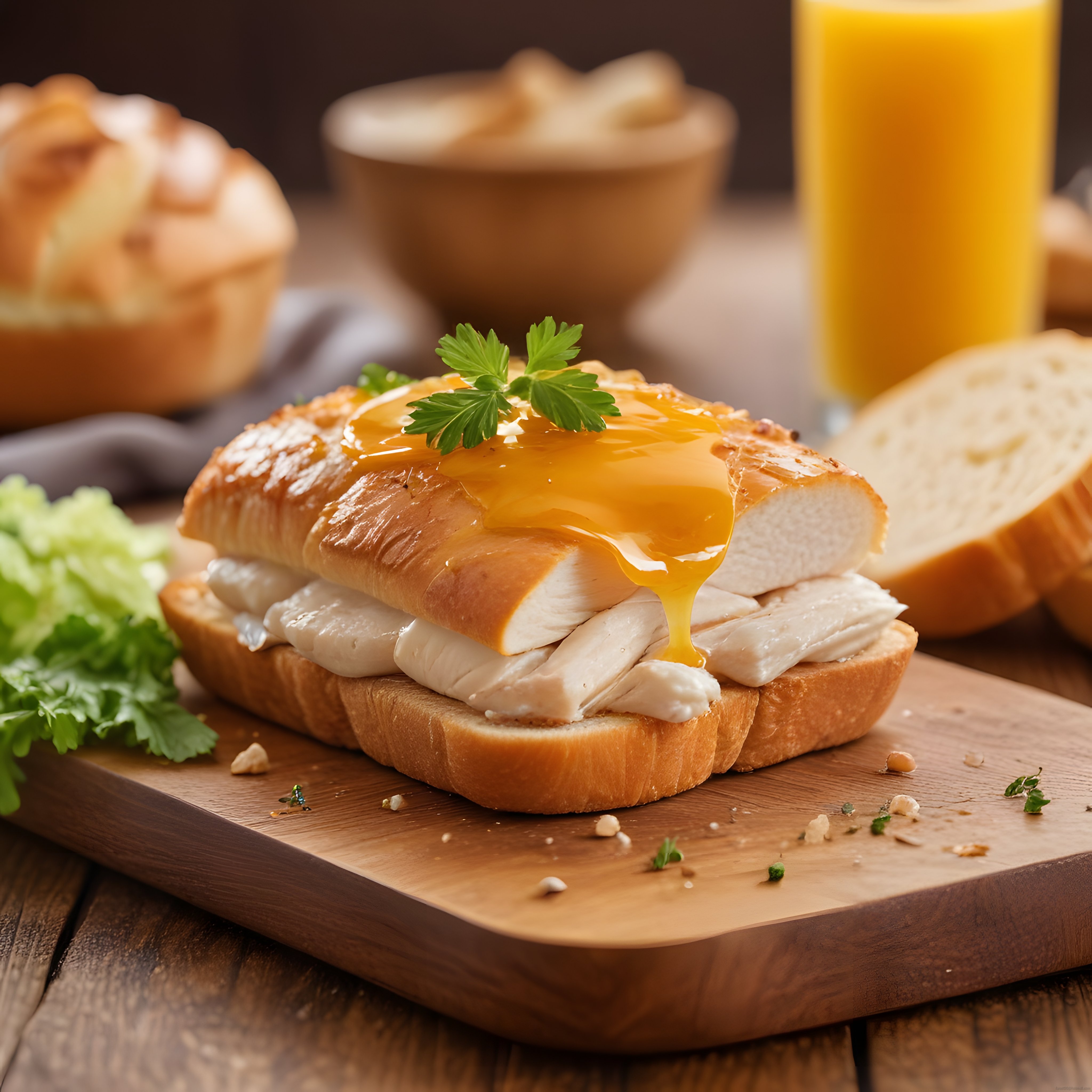Kahvaltı Sofrasında Ballı Tavuklu Tost ve Taze Sıkma Portakal Suyu