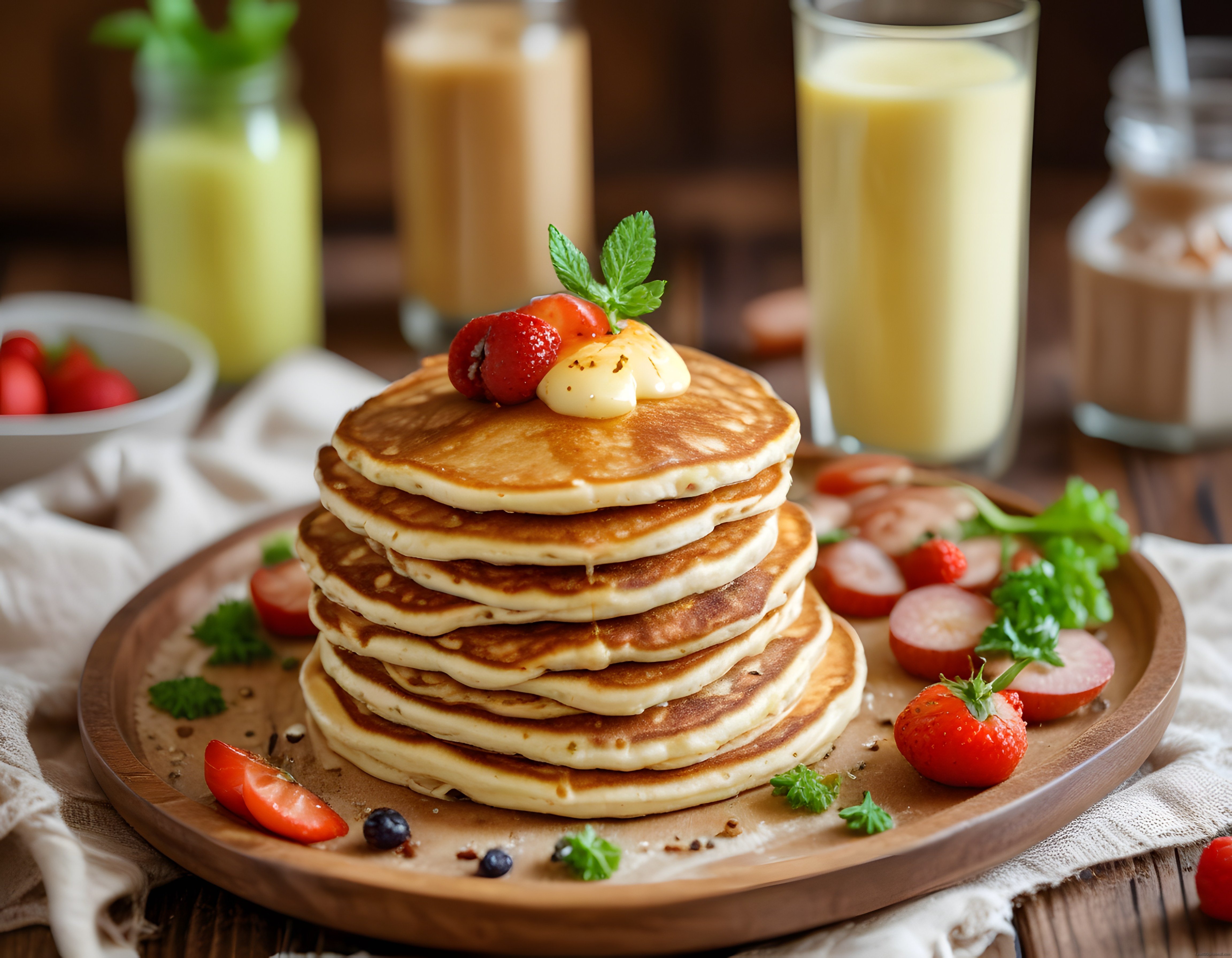 Kahvaltı Sofrasında Çilekli Tereyağlı Pancake Kulesi ve Taze Meyveler