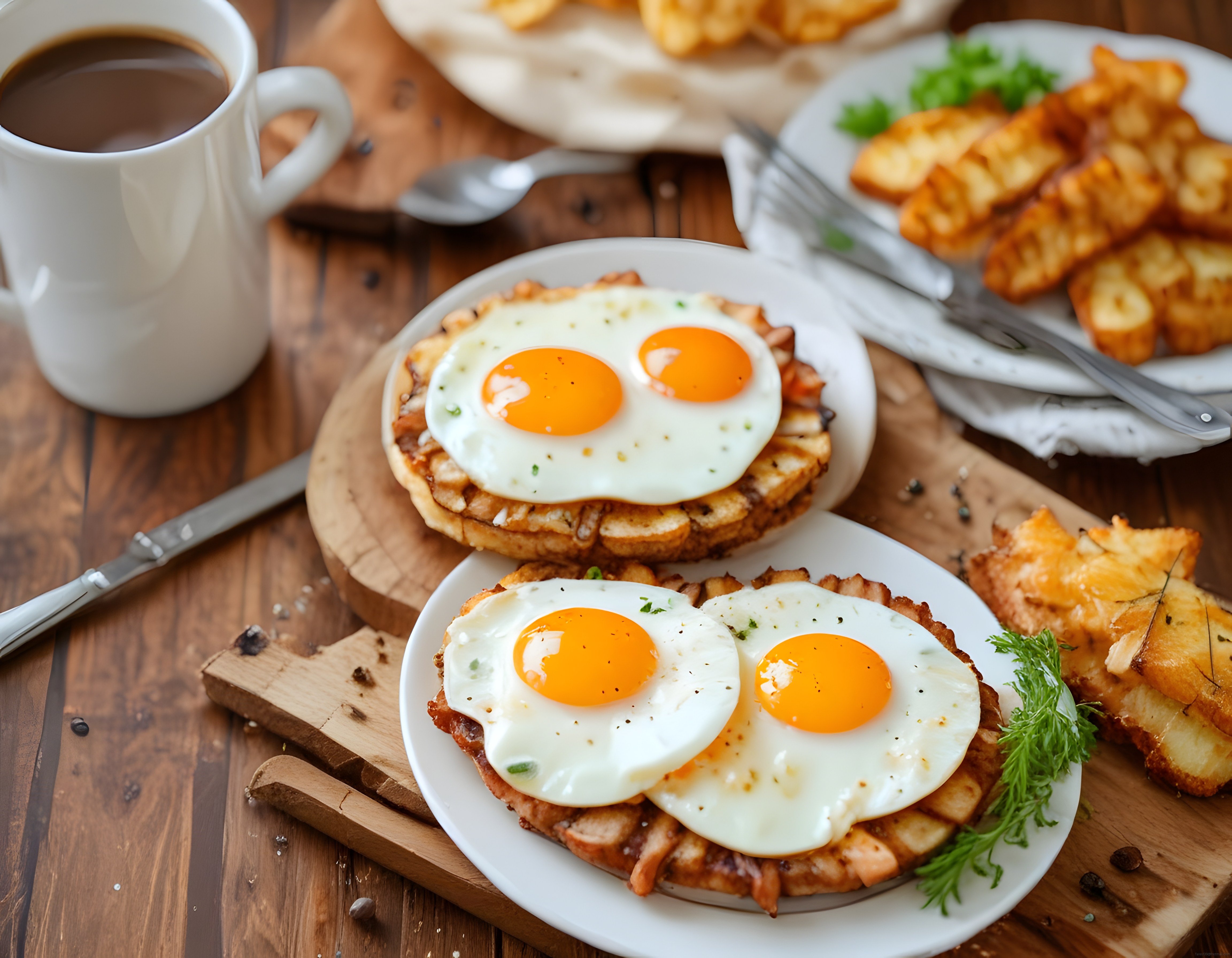 Kahvaltı Sofrasında Çıtır Hash Brown Üzerinde Kızarmış Yumurtalar ve Kahve