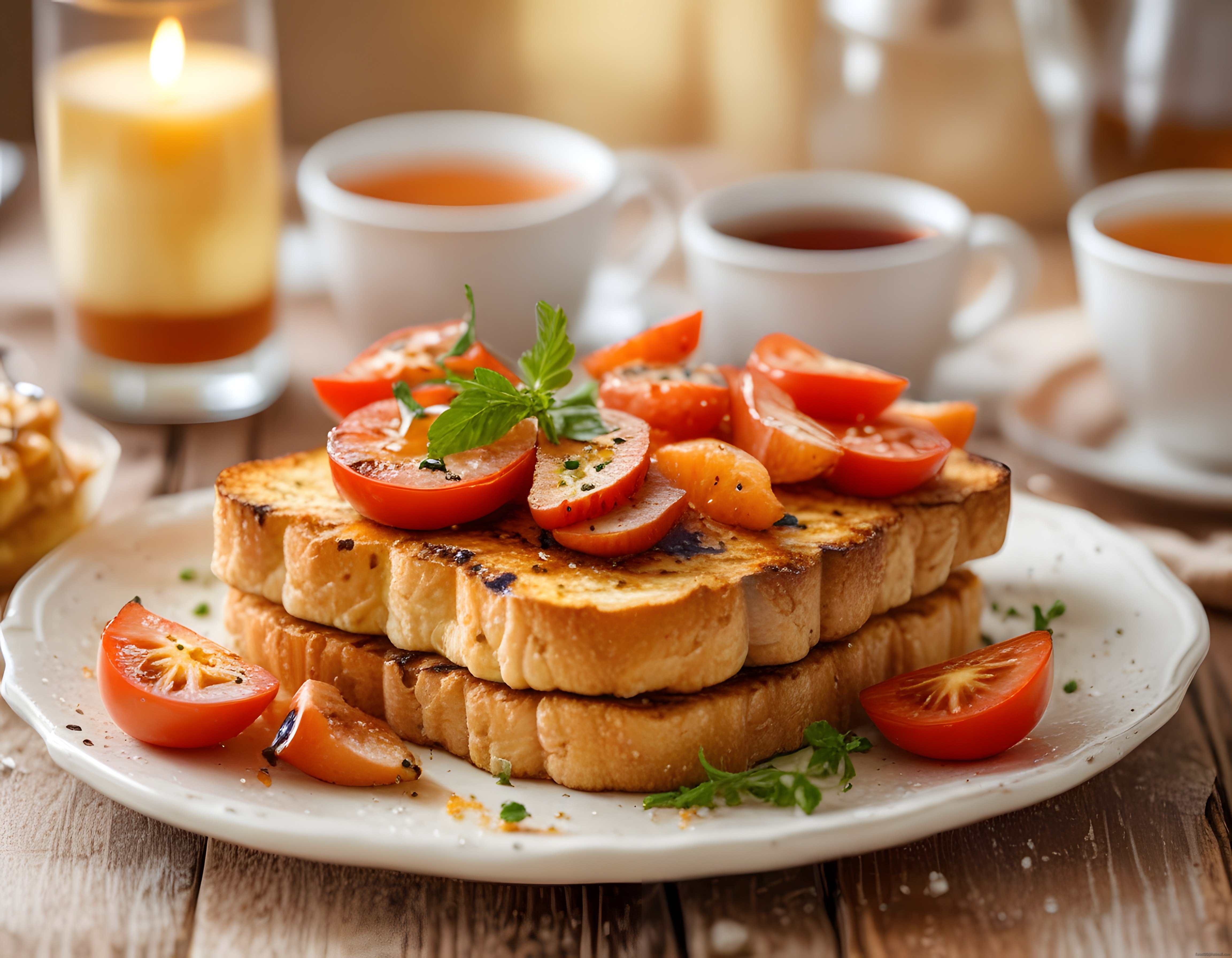 Kahvaltı Sofrasında Domatesli Fesleğenli Kızarmış Ekmek ve Sıcak Çay